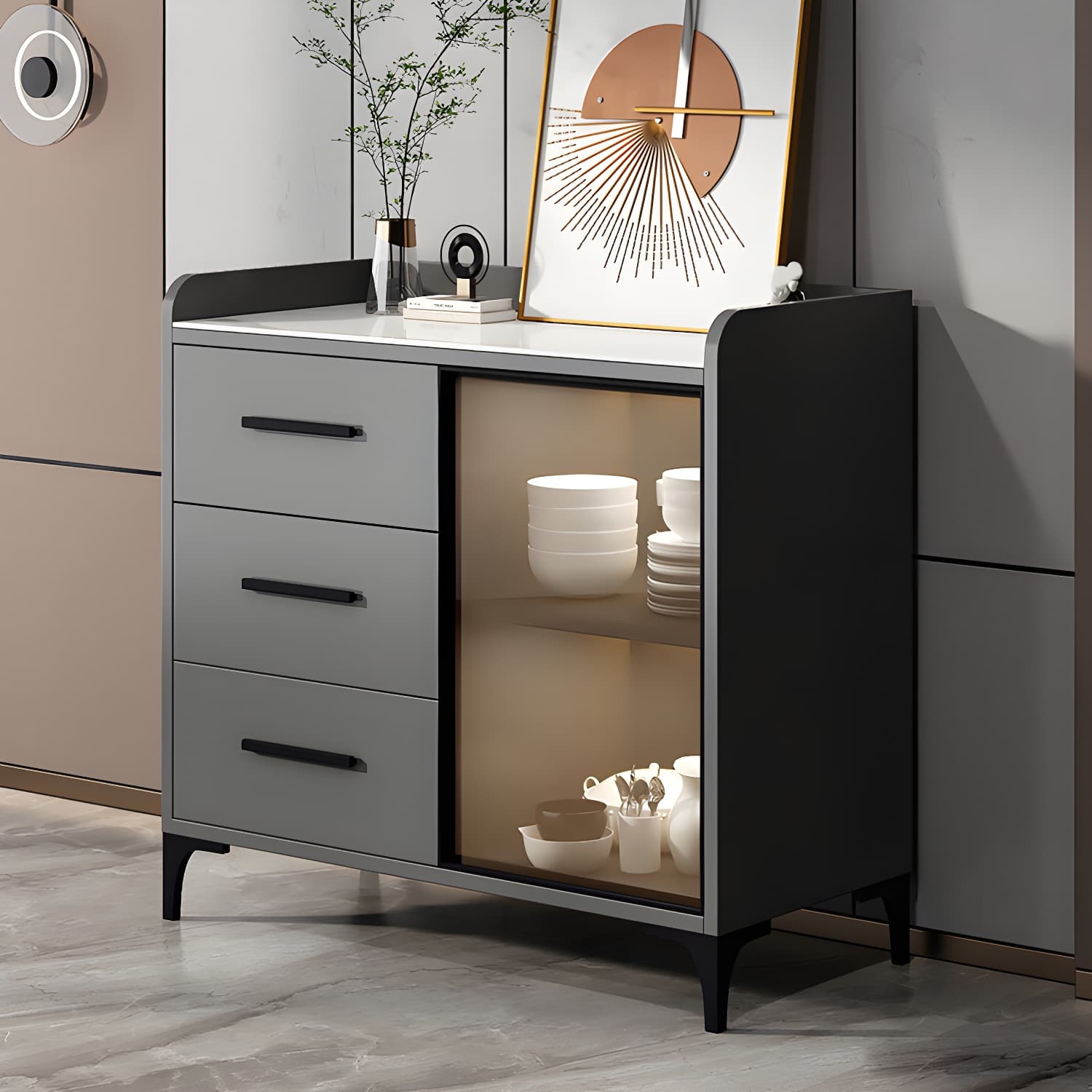 Glam Style Sideboard Wood Glass Doors Side Board with Cabinets and Drawers without Light thumbnail 6