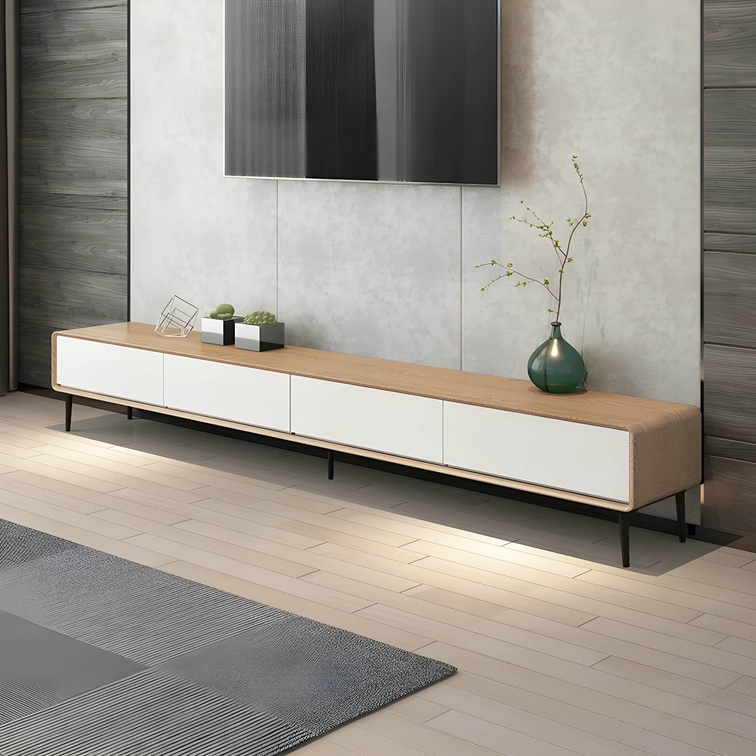 Modern Wooden Long and Low TV Stand with 4 Drawers, No Assembly Required, Dark Tone thumbnail 5