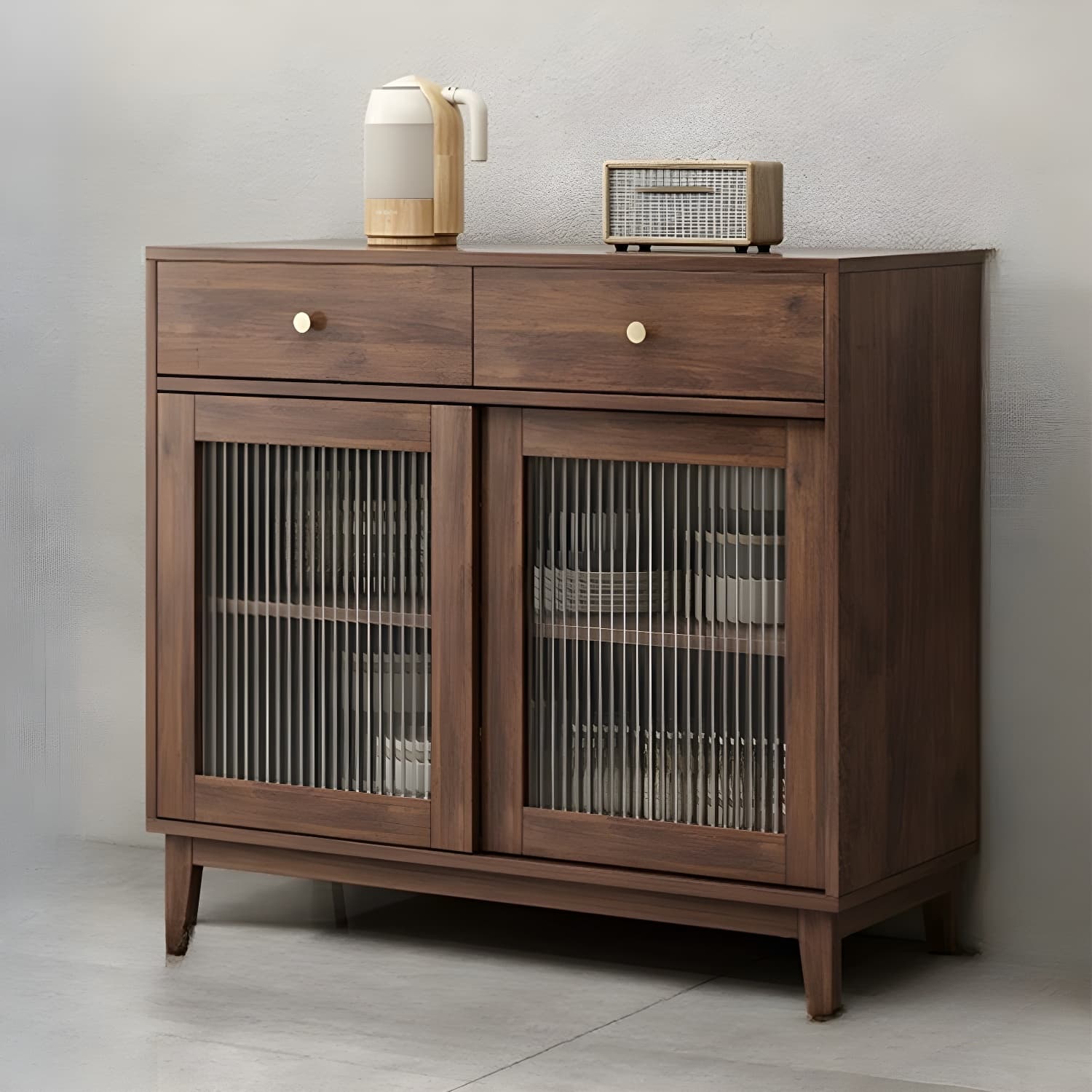 Contemporary Wood Buffet with Glass Doors and 3 Storage Drawers