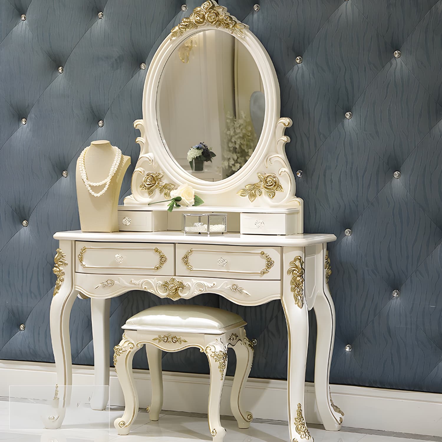 Victorian Makeup Vanity Desk Wood Makeup Vanity Set with Drawer thumbnail 6