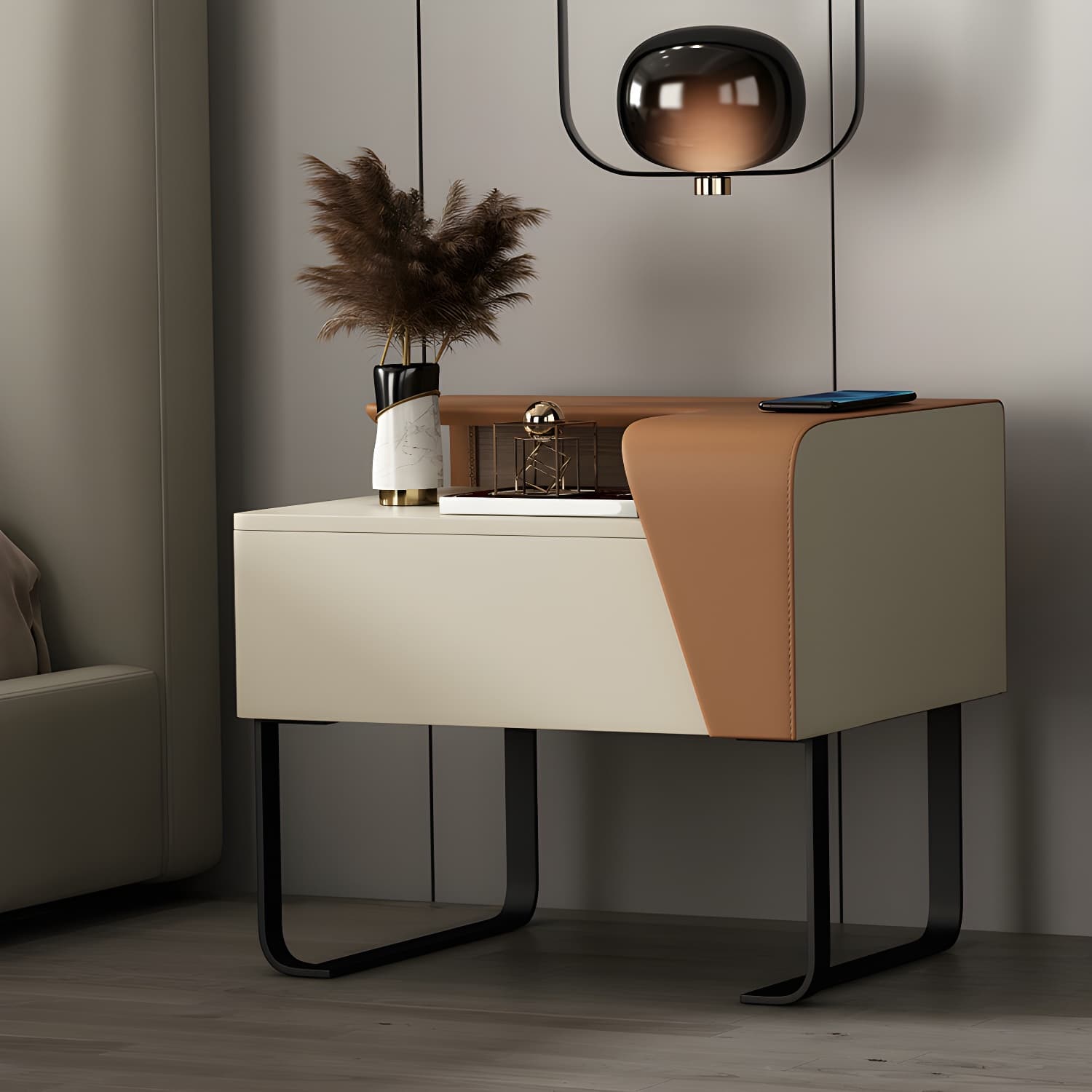 Modern Wooden Nightstand 19" Tall Sled Bedside Cabinet with Drawer thumbnail 5