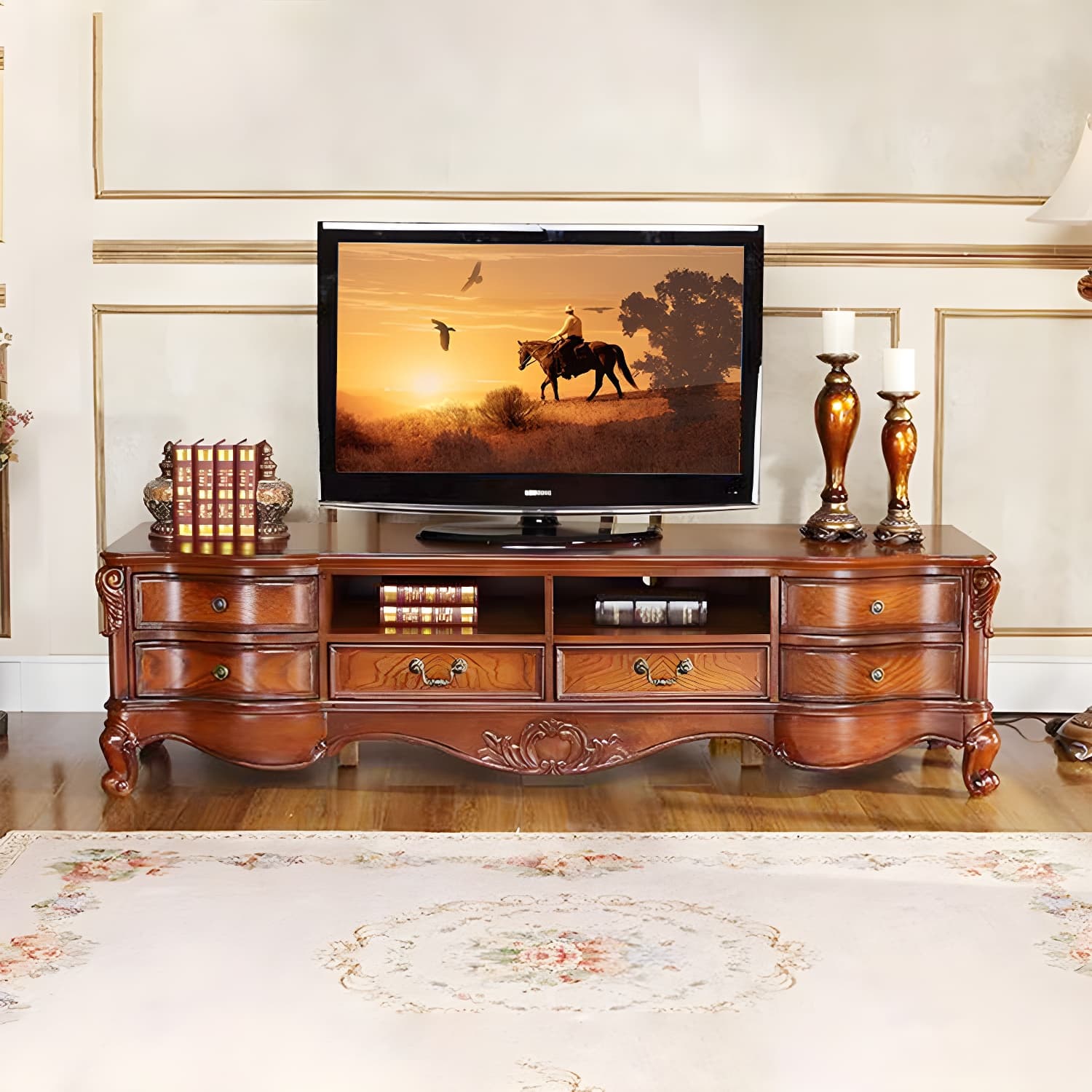 Solid Wood TV Console Traditional Enclosed TV Cabinet with Glide Drawers thumbnail 1