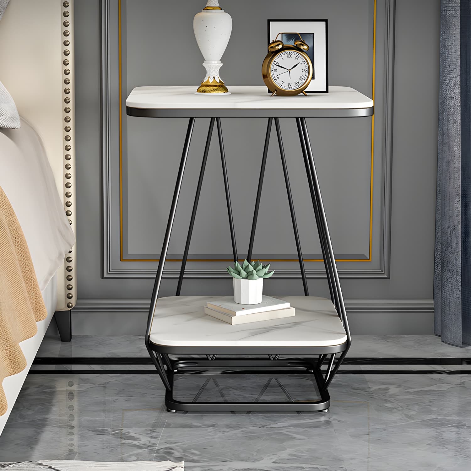 Glam Metal Night Table Stone Top 24'' Tall Open Storage Nightstand with Legs thumbnail 9