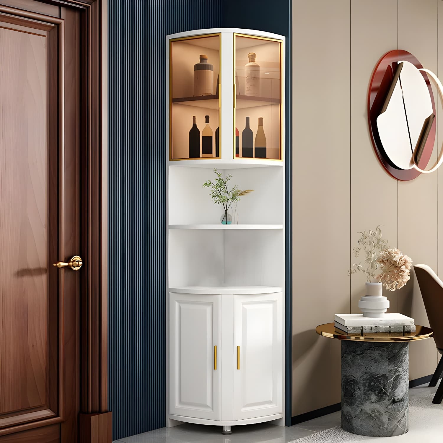 Modern White Corner Accent Cabinet with Glass Doors and 2 Interior Shelves thumbnail 1
