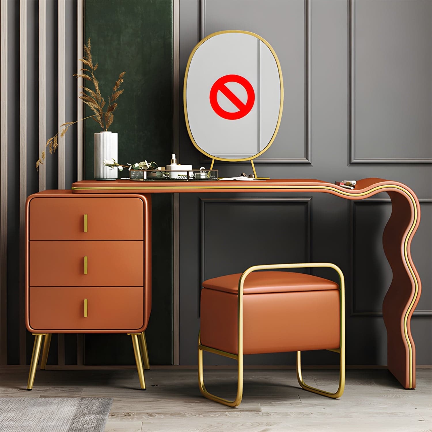 3 Drawers Make-up Vanity Set, 28.74" H Leather Vanity with Stool & Mirror thumbnail 9