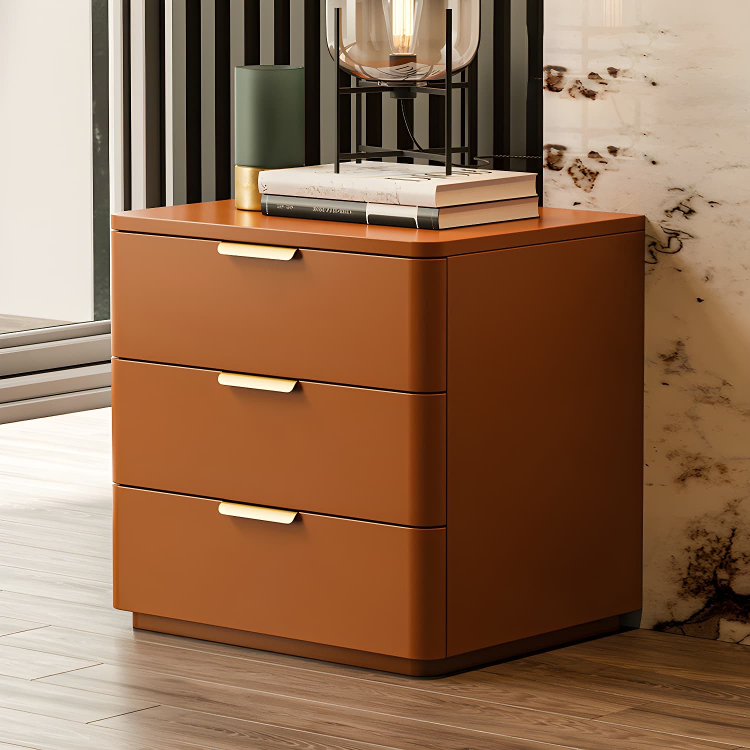 Contemporary Accent Table Nightstand Leather Nightstand with 3 Drawers thumbnail 9