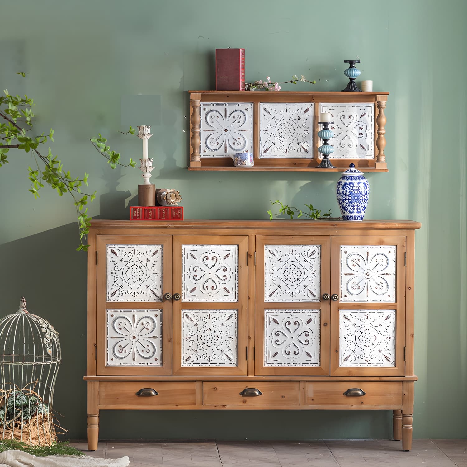 Industrial Accent Cabinet in Natural with Solid Wood Door and Drawers thumbnail 3
