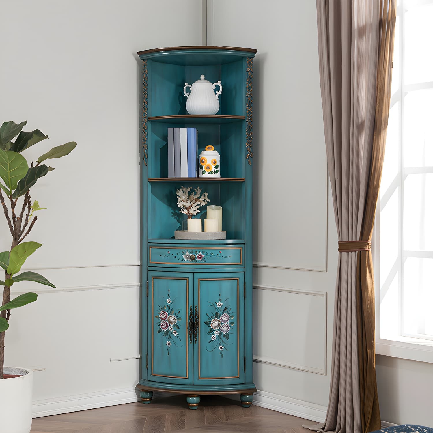 Traditional Bar Pulls Solid Wood Corner Accent Cabinet with Doors thumbnail 1