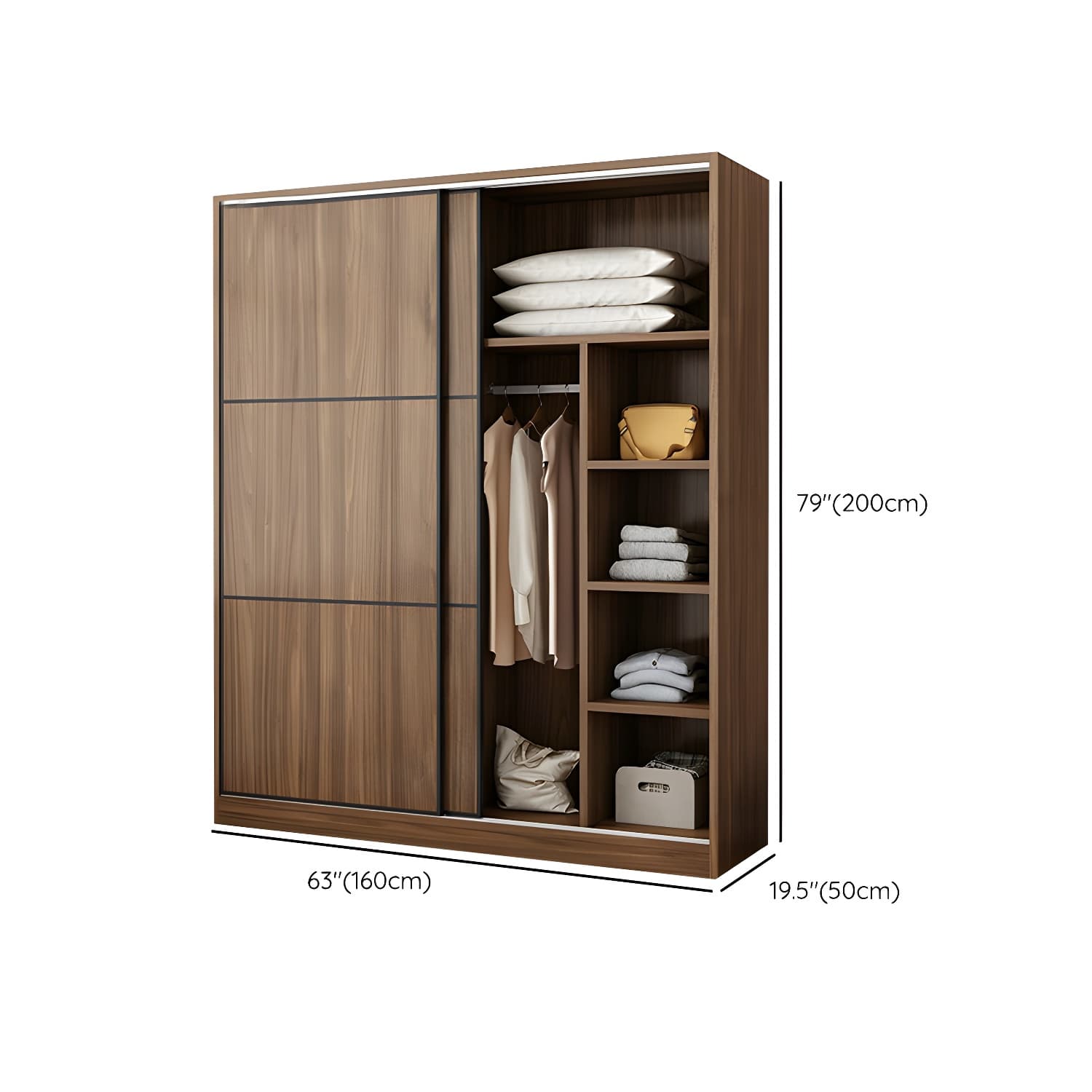 Non-Adjustable Traditional Brown Wood Wardrobe Armoire with Sliding Doors & Soft Close Drawers thumbnail 12