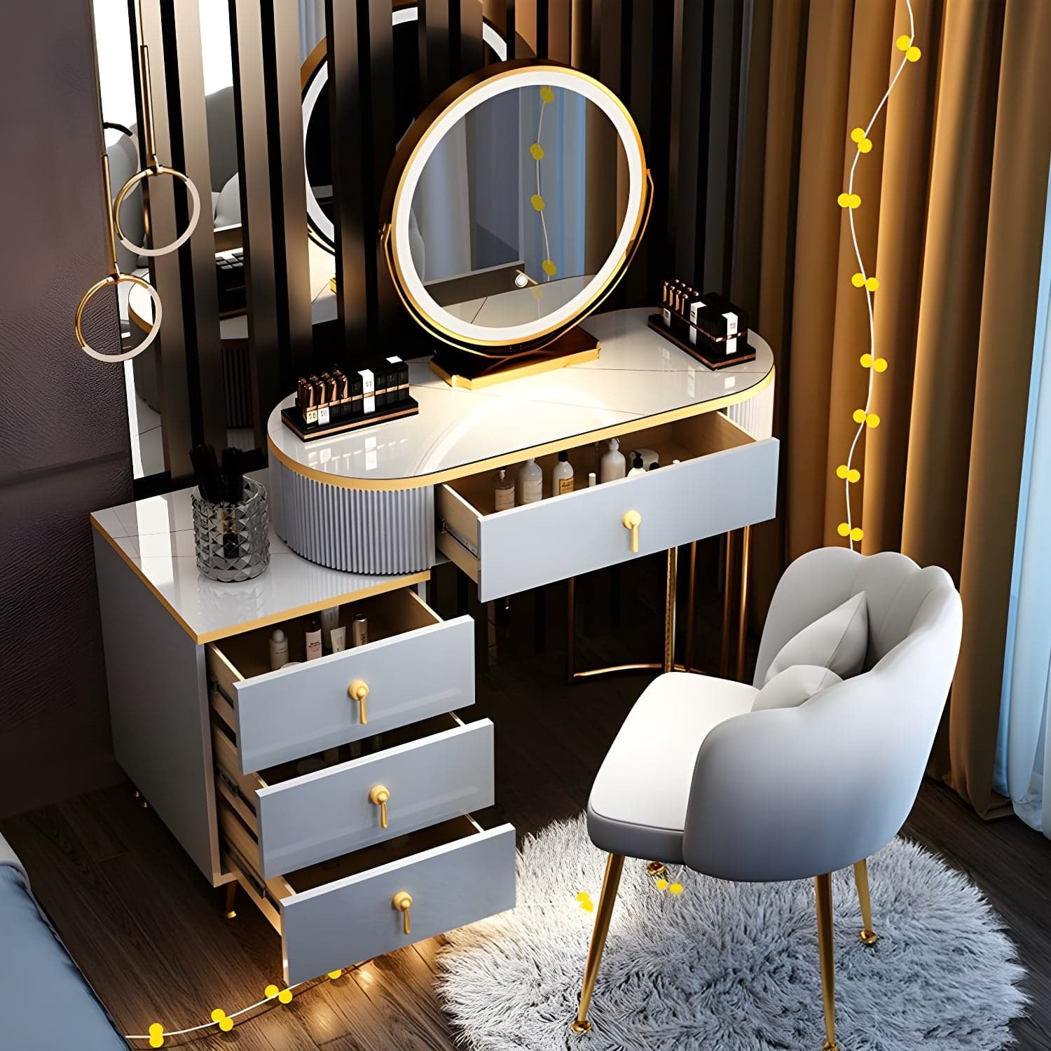 Contemporary Vanity Makeup Dressing Table Stool Set with Storage Drawers thumbnail 3