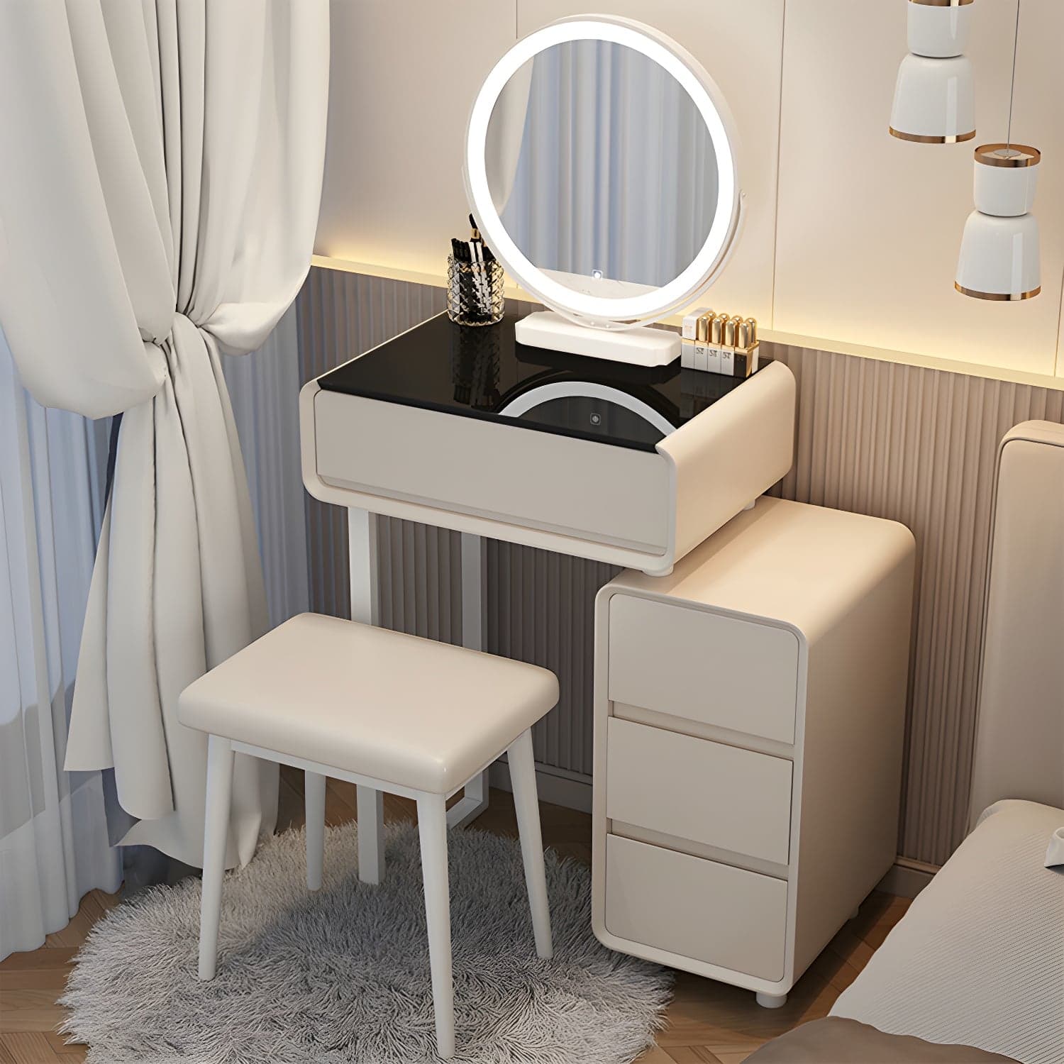 Modern Gray Makeup Vanity with Mirror & Drawers & Seat Included thumbnail 3