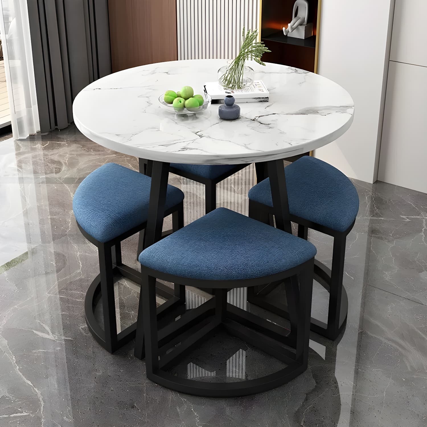 Round White Wood Tone Modern Dining Set with Metal Pedestal Base - Seats 4 thumbnail 1