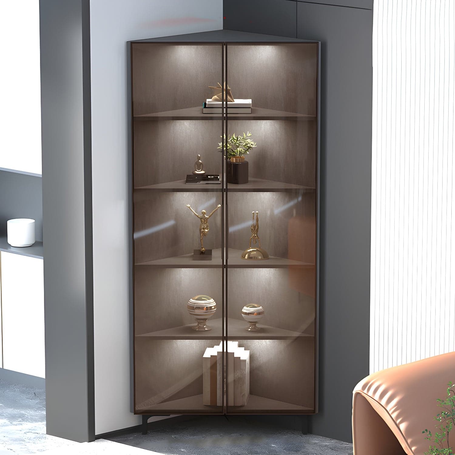 Scandinavian Corner Accent Cabinet with Glass Doors and Black Metal Base - Small Size thumbnail 8