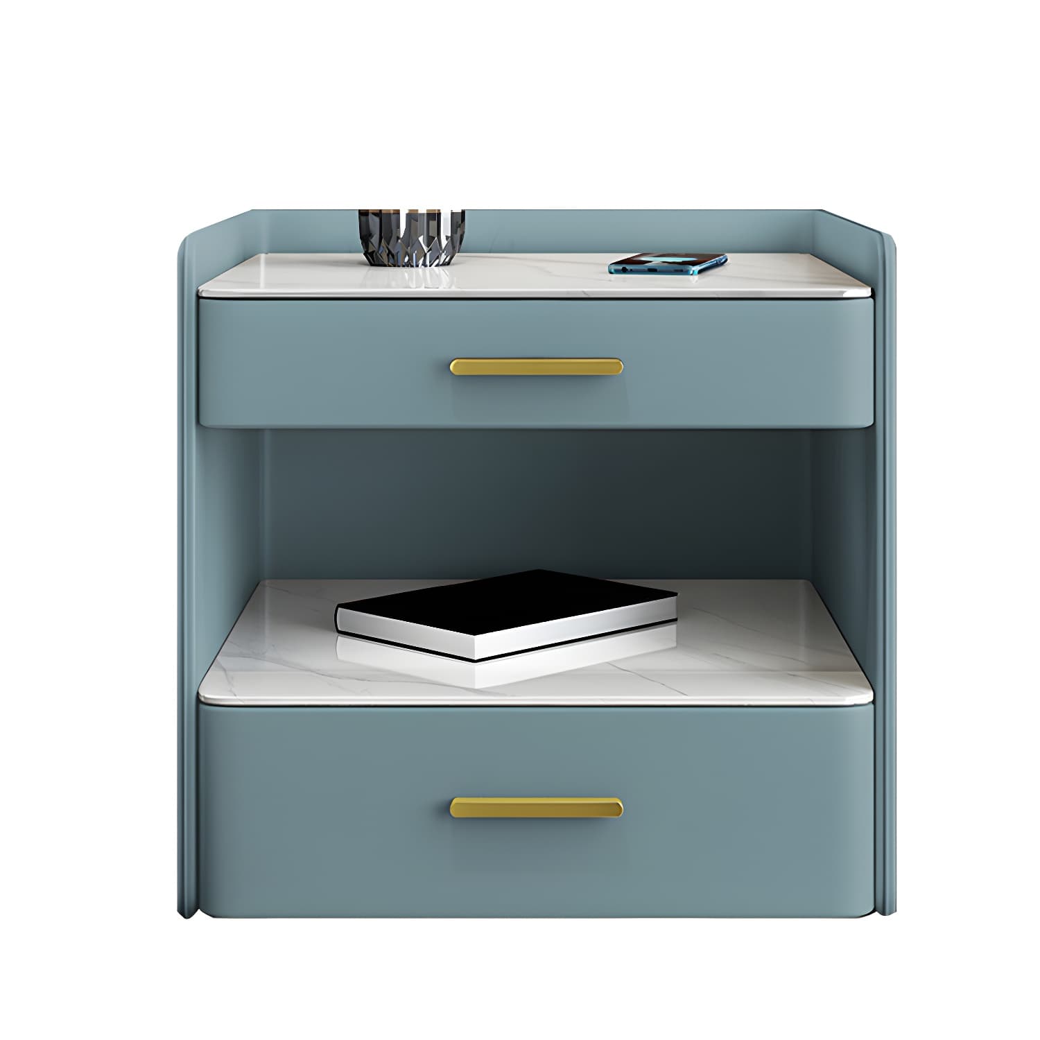 Stone Bed Nightstand Open Storage Bedside Cabinet with Drawers thumbnail 6