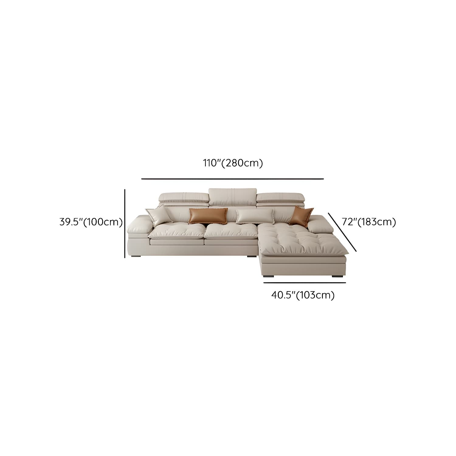 Modern Beige Faux Leather Stationary Sectional Sofa with Adjustable Headrest and Wood Frame thumbnail 16