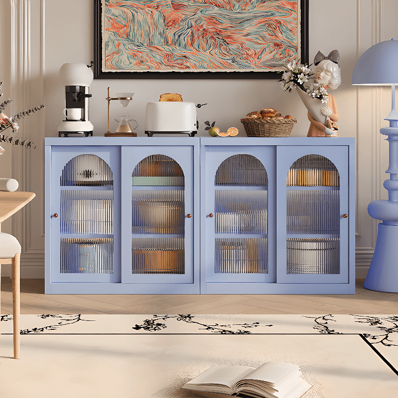 Simple Narrow Iron Countertop Sideboard with Cupboard, Glass Doors, and Changeable Shelf thumbnail 8