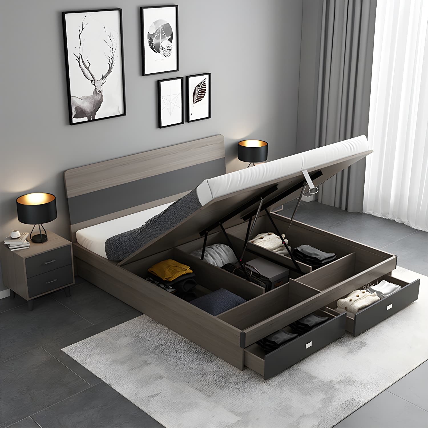 Modern Style Wood Bed with Headboard Low Profile Standard Bed thumbnail 3