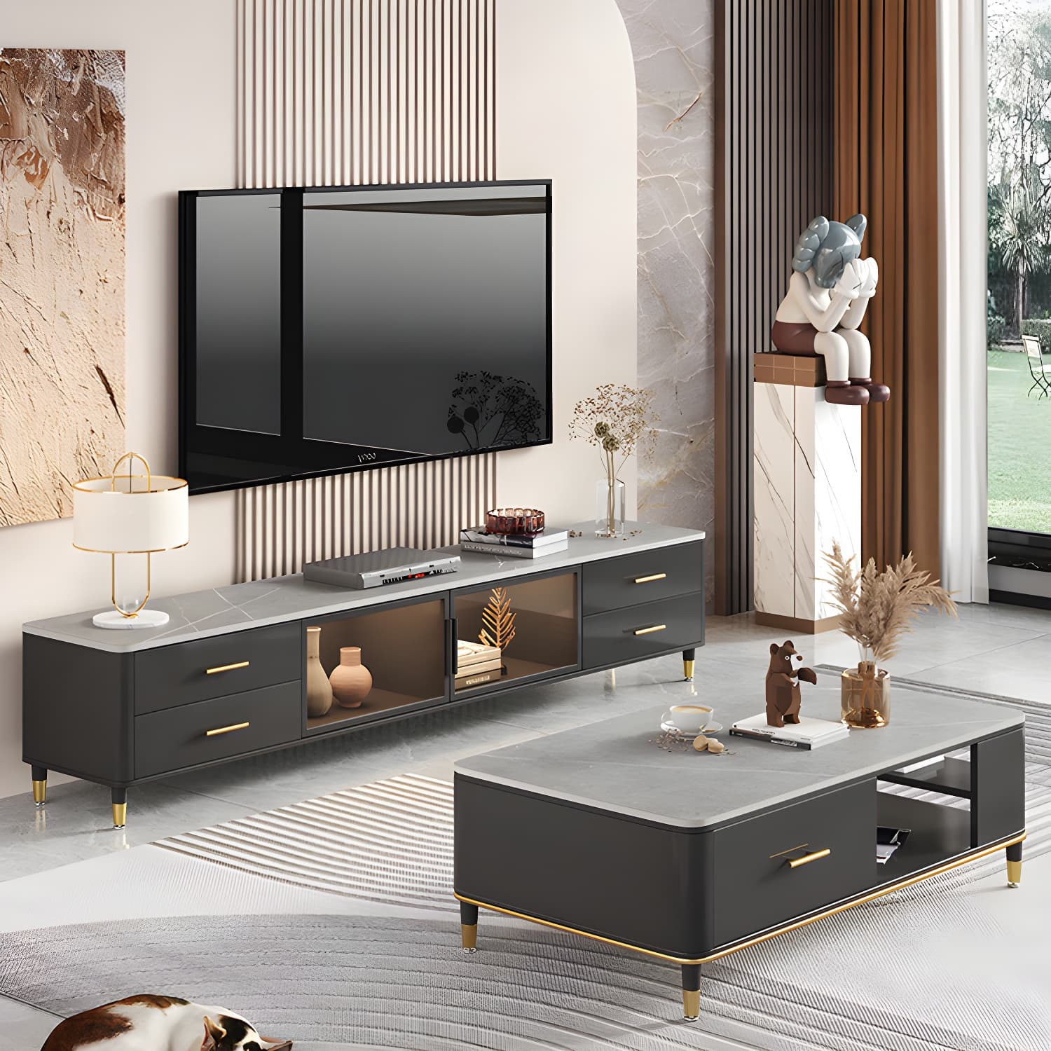 Stone Top Media Console Contemporary TV Media Stand with Metal Legs thumbnail 7