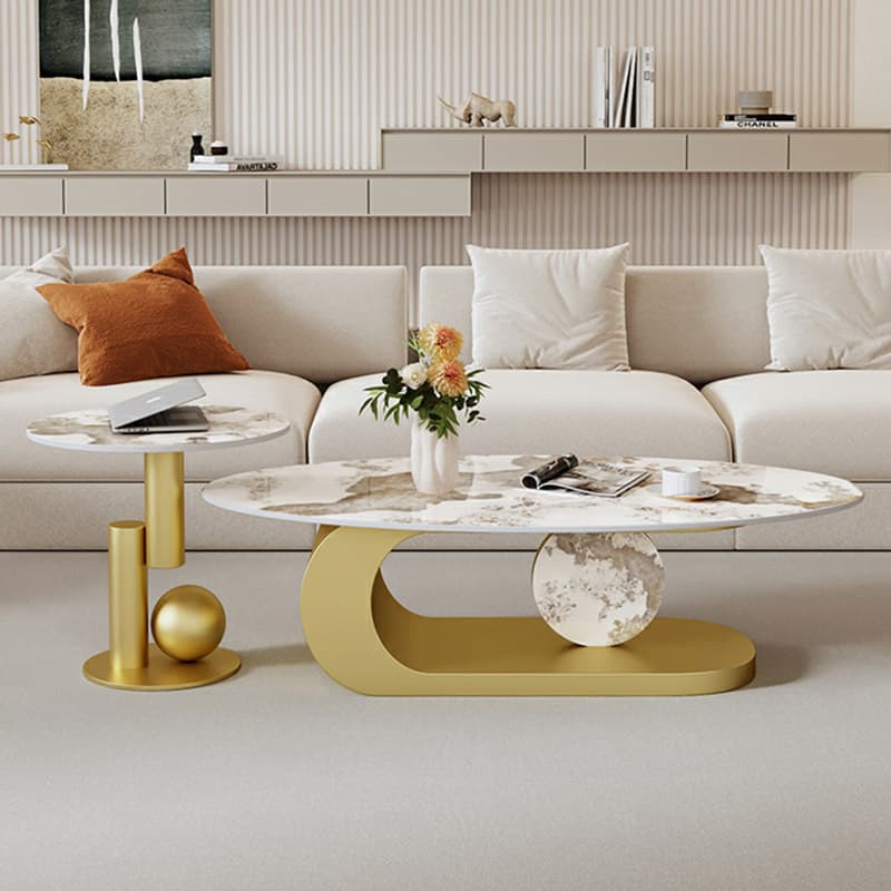 Elegant Stone Oval Coffee Table with Iron Block Base for Living Room thumbnail 14