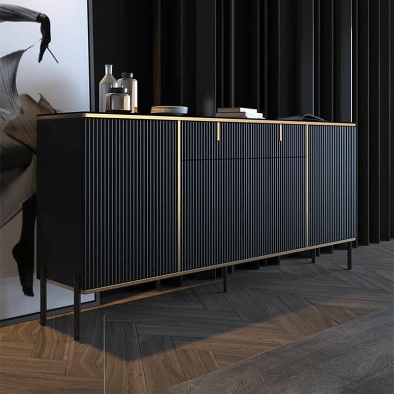Black Floor Freestanding Sideboard in Wood with Glass Countertop and Kitchen Appliance Storage for Living Room in a Trendy Style thumbnail 4