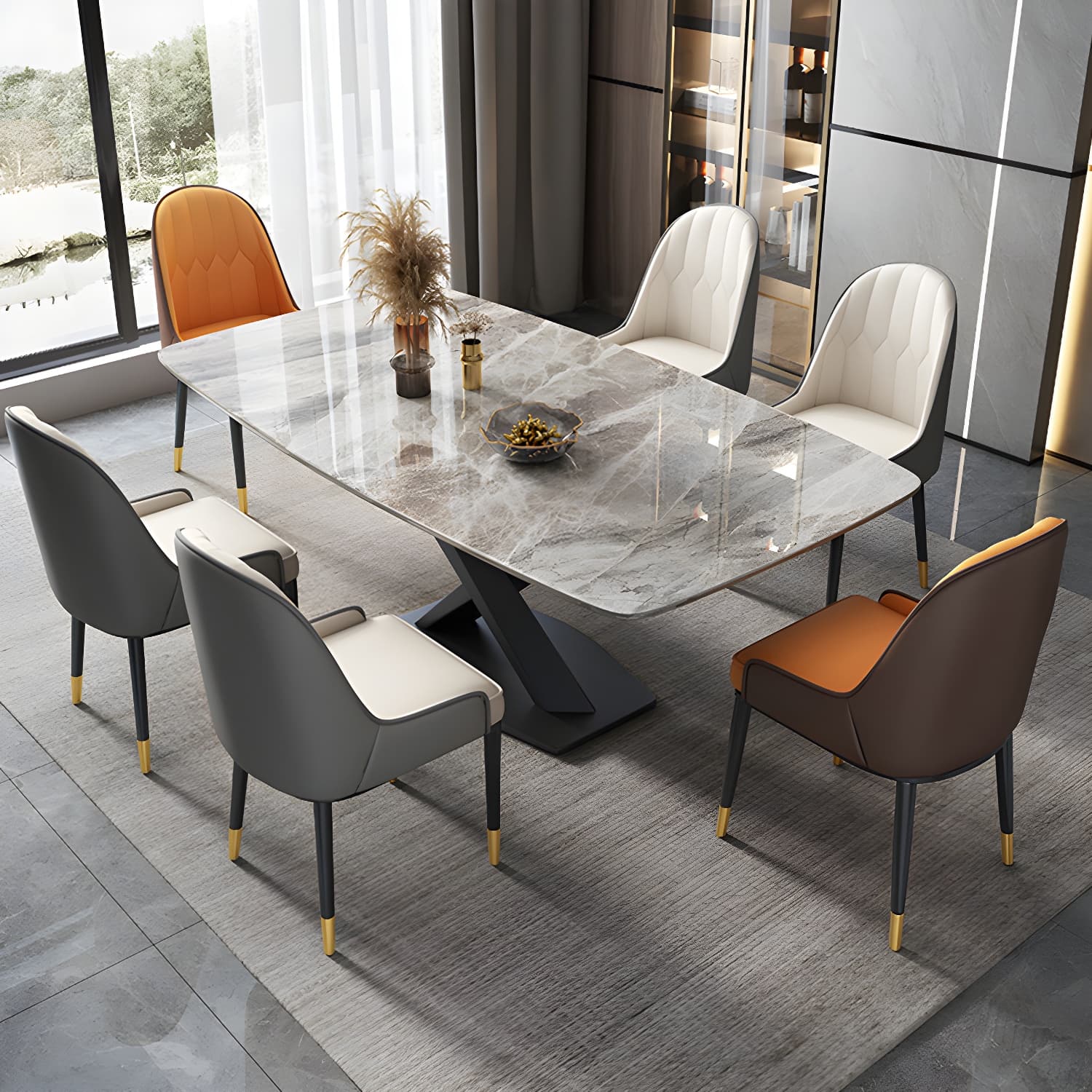 Modern 5/7-Piece Dining Set with Upholstered Chairs in Beige and Slate Table Top thumbnail 3