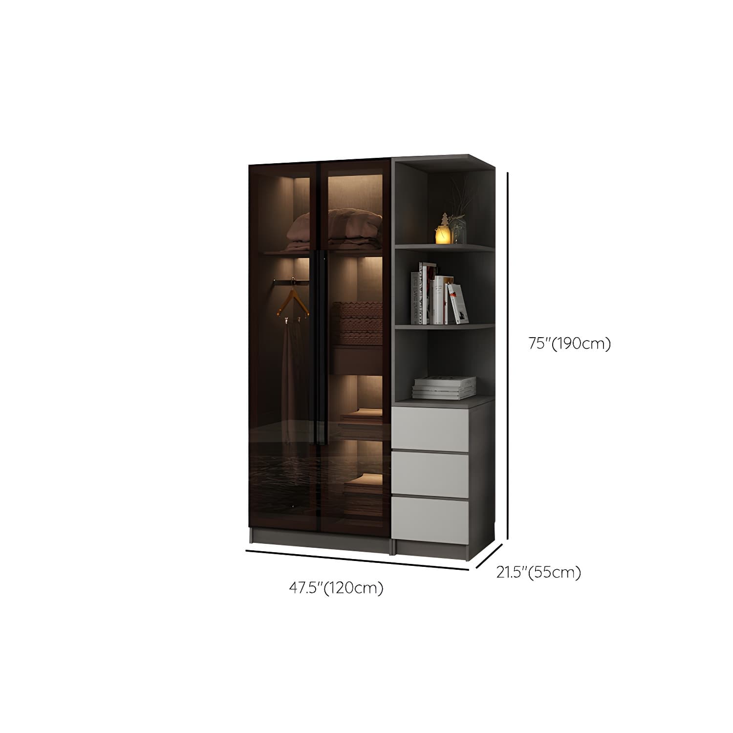 Modern Glass Hinged Doors Wardrobe Armoire Wood Frame Wardrobe with Shelves without Light thumbnail 18