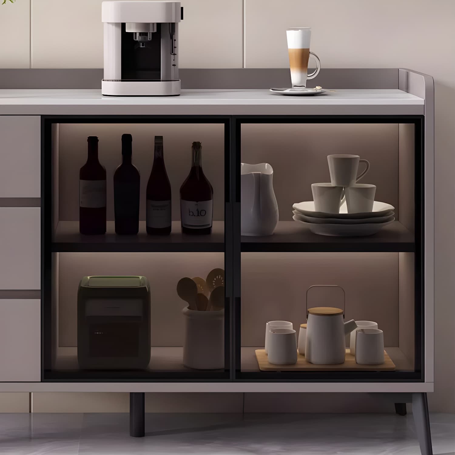 Stone Top Modern Wood Sideboard Credenza with 3 Drawers and Glass Doors thumbnail 12