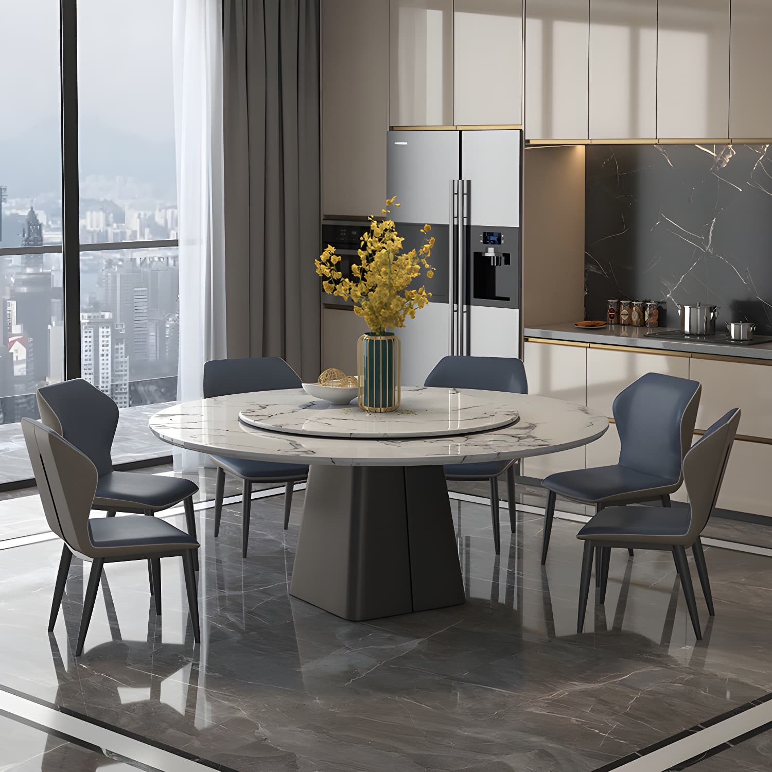 Marble Dining Table Set 1/4/5/7/11 Pcs Rectangle Table with Wingback Chairs thumbnail 3