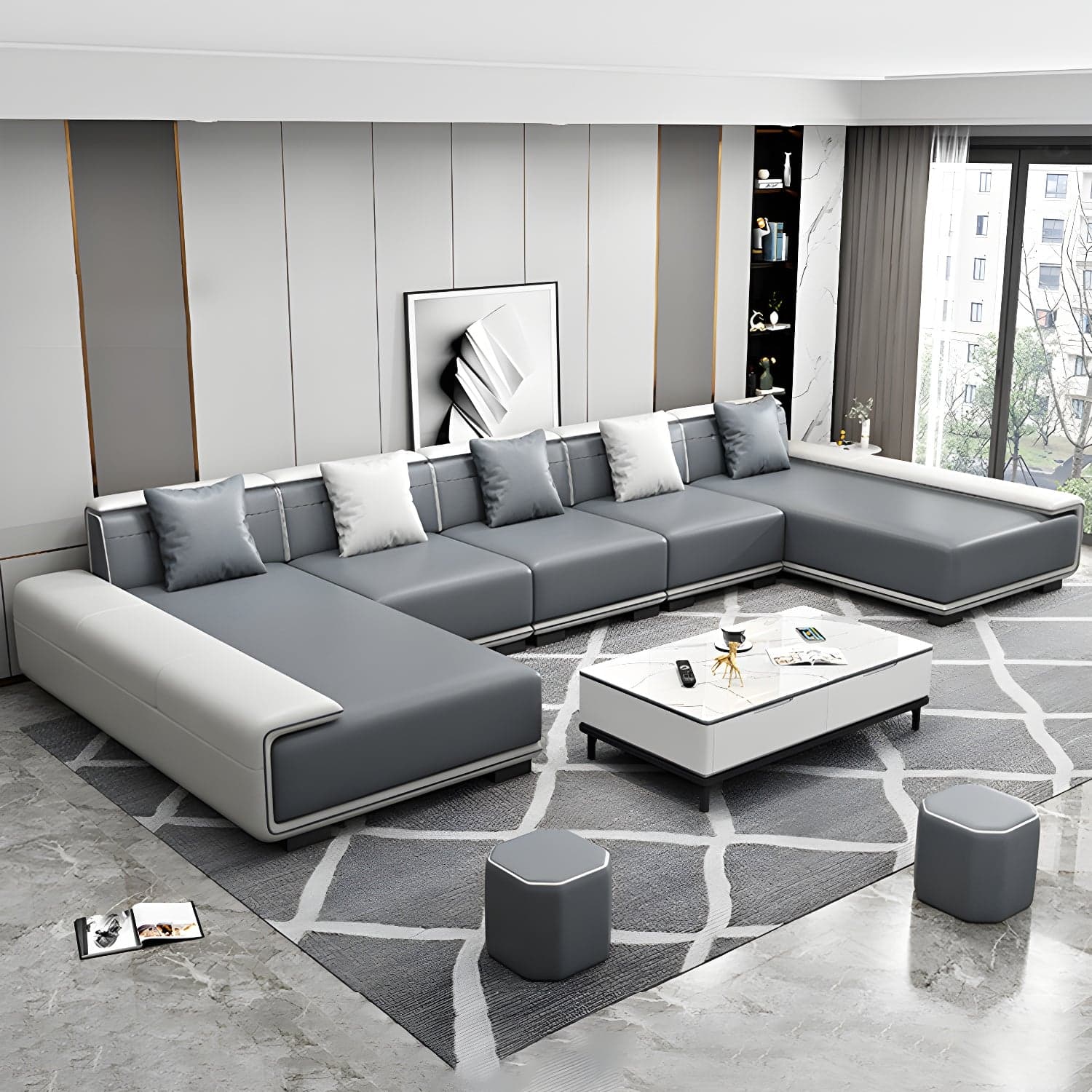 Faux Leather Sofa & Chaise with Pillows Modern U Sofa in Gray - 29.53" H thumbnail 7