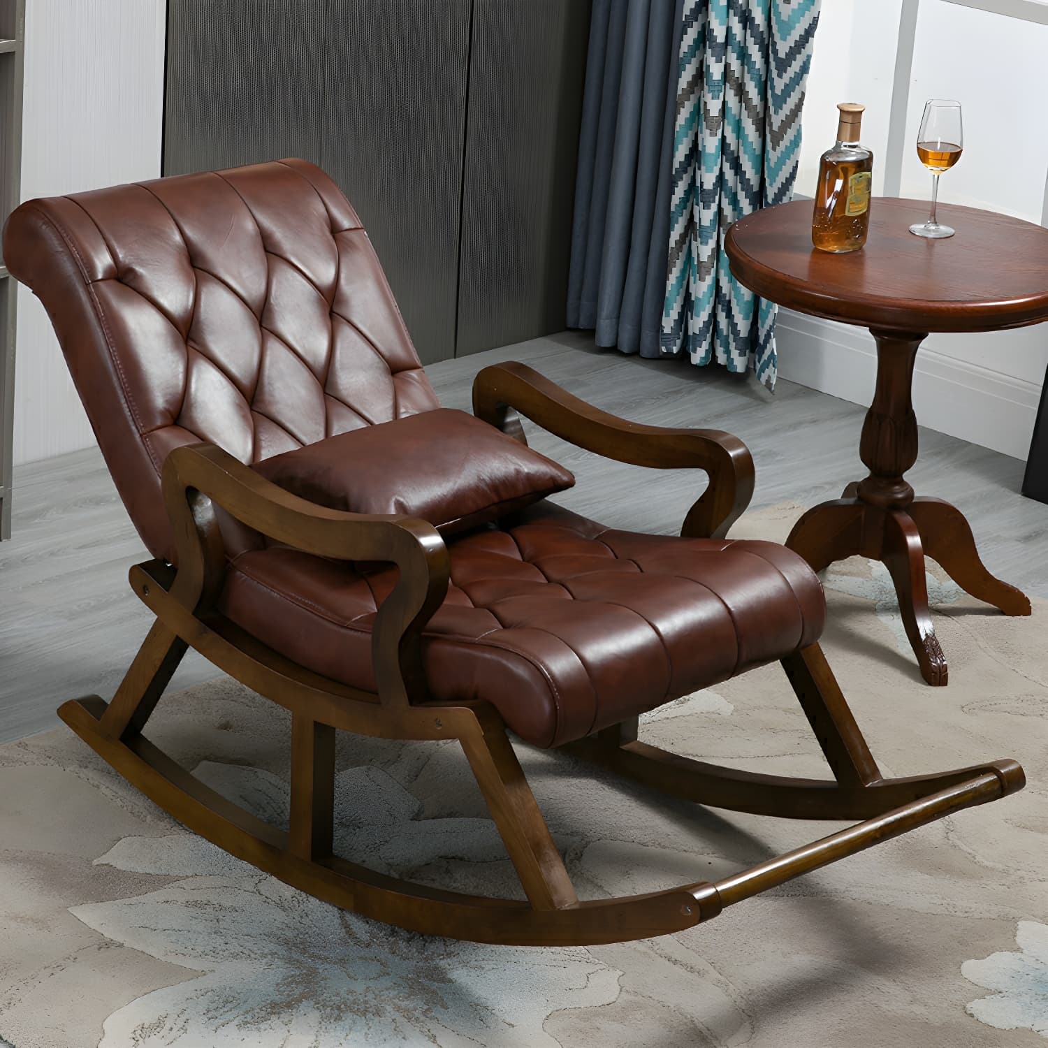 49" Wide Tufted Cushions Solid Wood Leather Rocking Accent Chair thumbnail 10