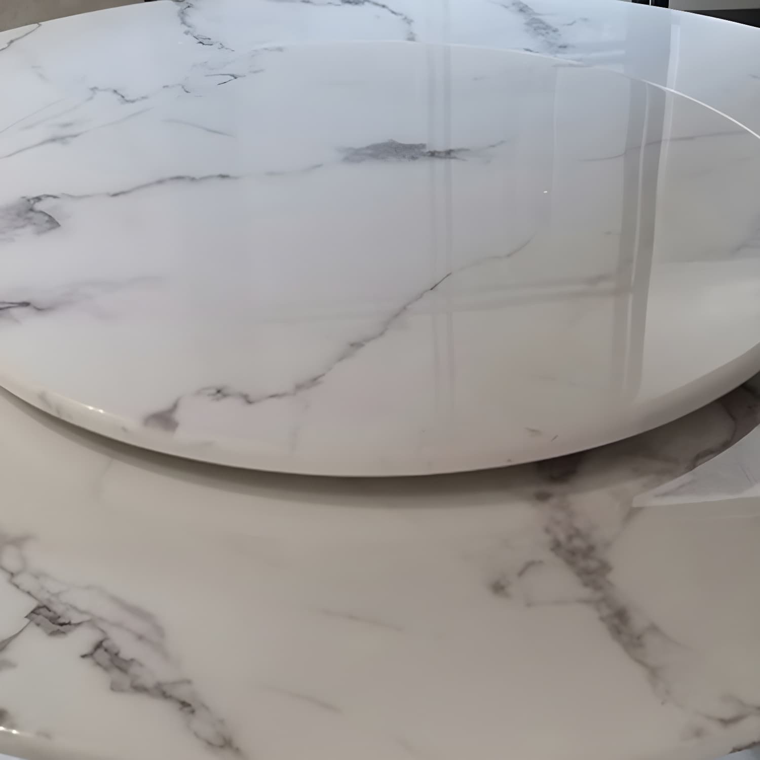 Round White Marble Modern Dining Table with Black Steel Pedestal Base and Convenient Lazy Susan thumbnail 4