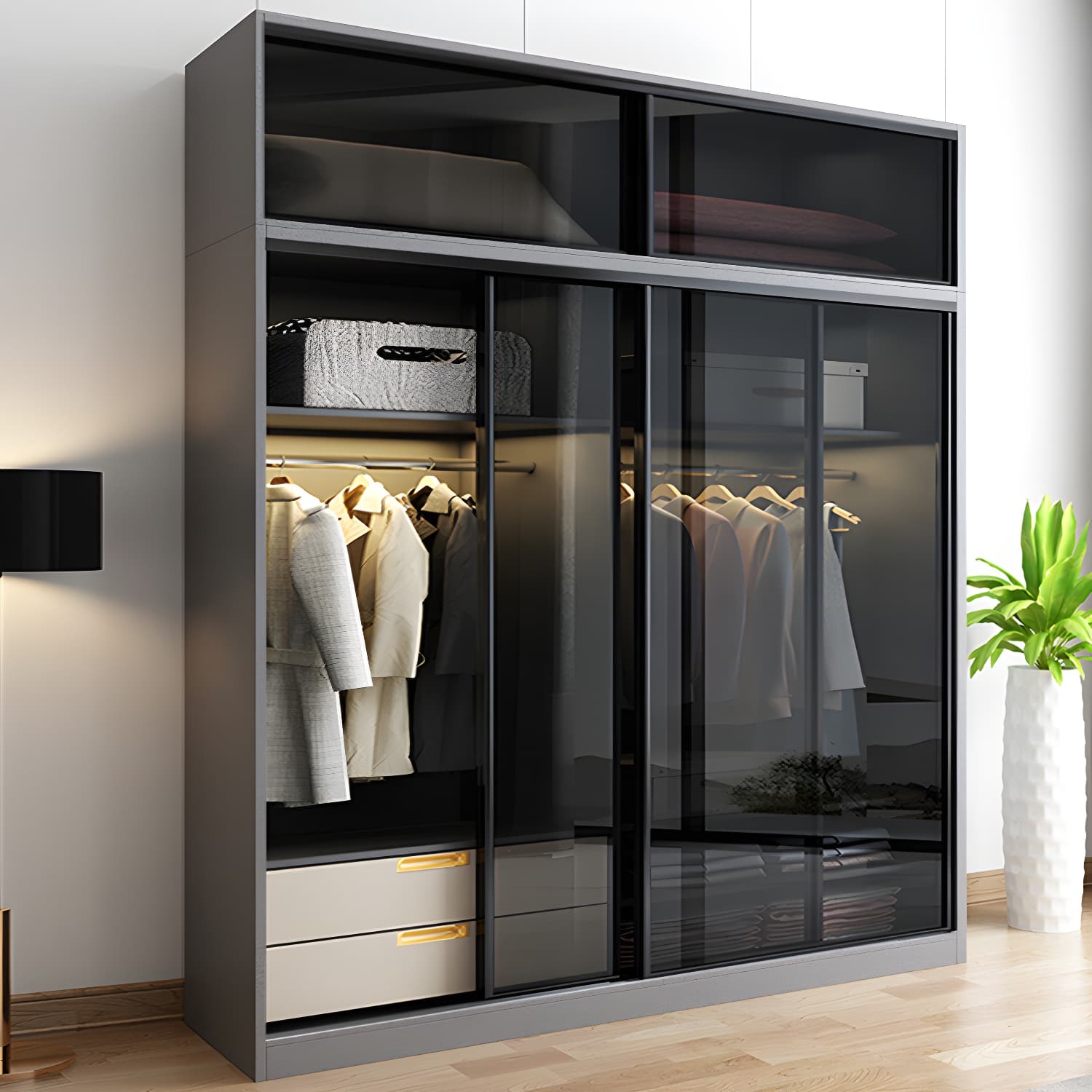 Contemporary Wood and Tempered Glass Wardrobe Freestanding Wardrobe Armoire without Light thumbnail 4