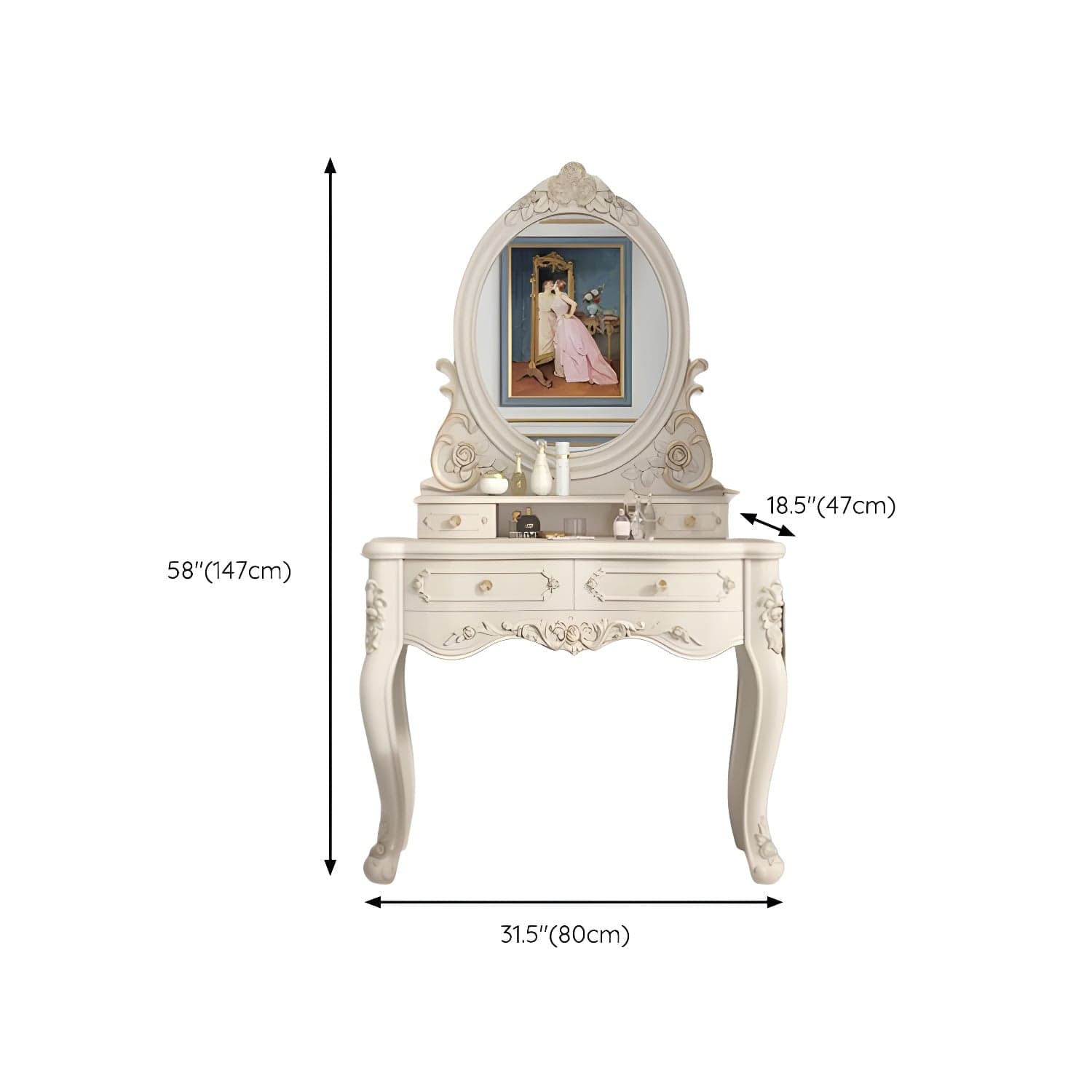 Elegant White Victorian Makeup Vanity Set with Wood Top & Mirror & Drawers & Upholstered Chair thumbnail 12