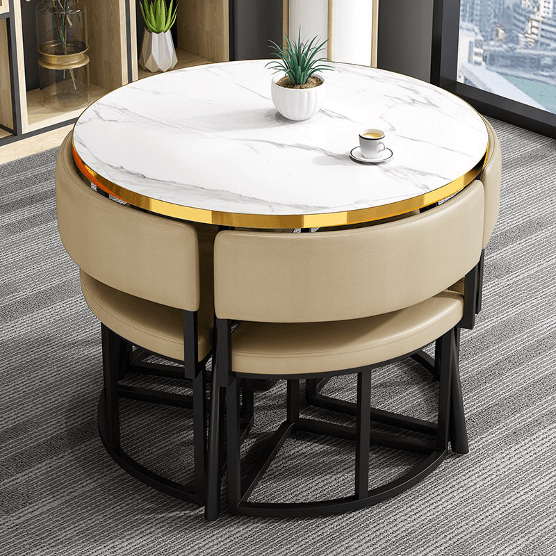 Art Deco Circular-shaped Upholstered Chair Metal & Faux Wood Dining Table Set with Upholstered Back in White, 5 Pieces thumbnail 8