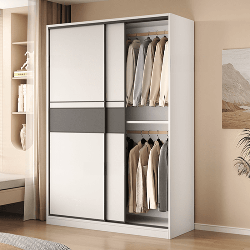 White Minimalist Manufactured Wood Wardrobe Closet with Interior Shelves and Clothing Rod thumbnail 4