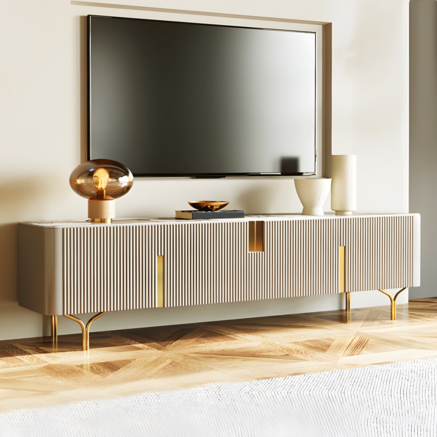 Enclosed Storage TV Stand Console Stone TV Media Console with Legs thumbnail 3