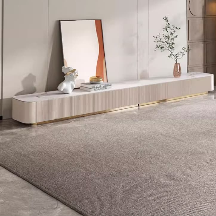 White Modern TV Stand with Low Height, Stone Material & Drawers for Full Assembly thumbnail 9