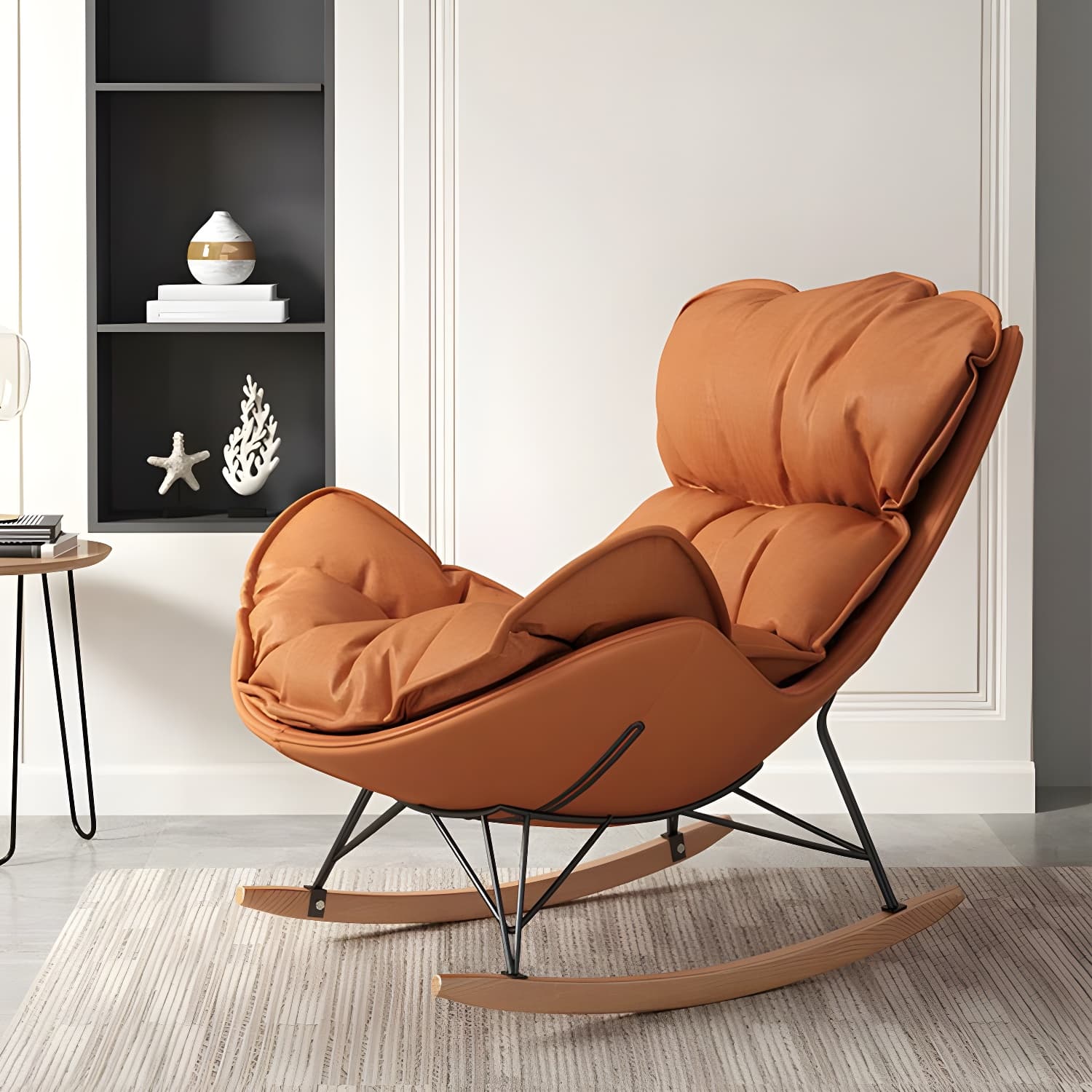 Stylish and Modern Upholstered Rocking Chair with Natural Wood Legs thumbnail 8