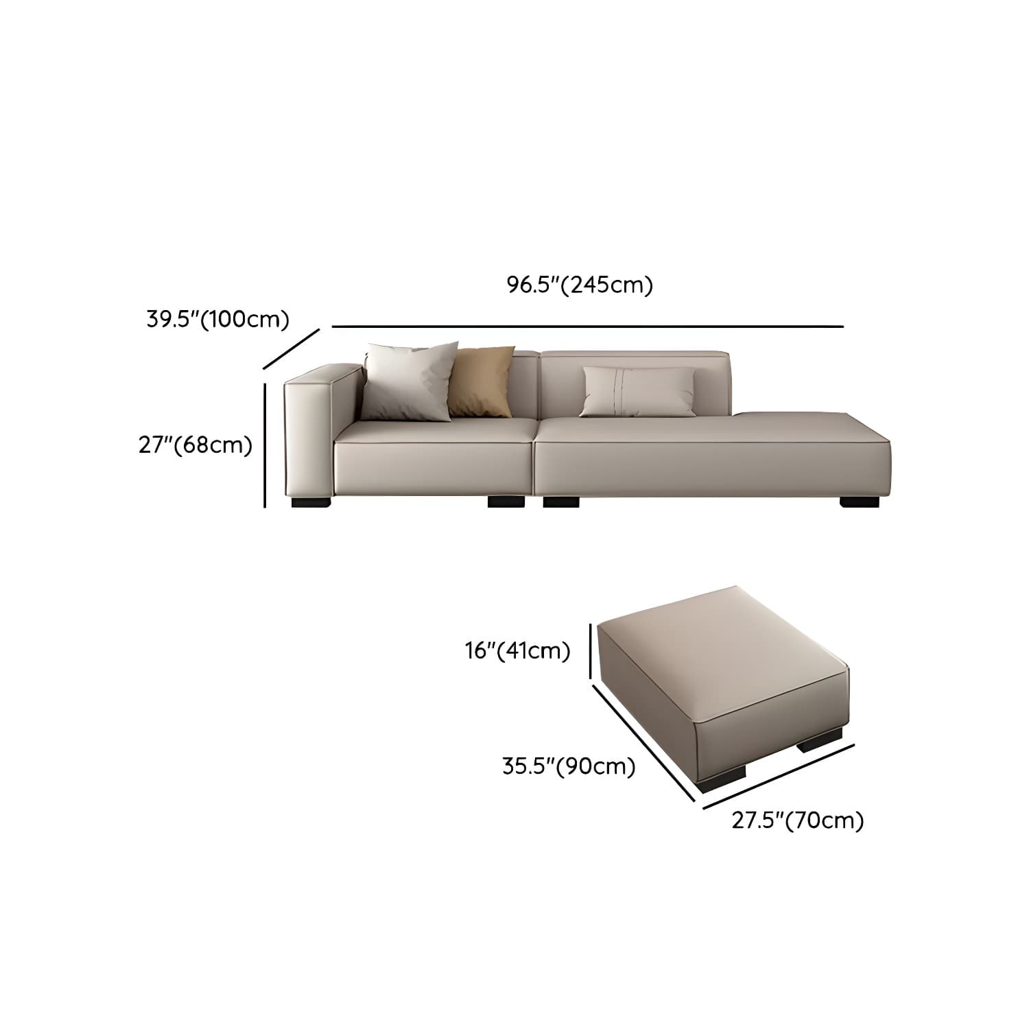Modern Gray Faux Leather Sofa Chaise with Square Arms and Pine Wood Legs thumbnail 20
