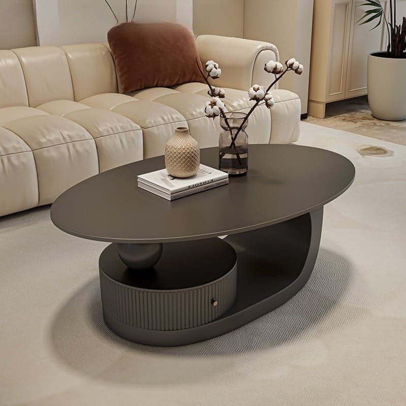 Modern Oval Stone Top Coffee Table, Abstract Iron Base, Scratch Resistant thumbnail 1