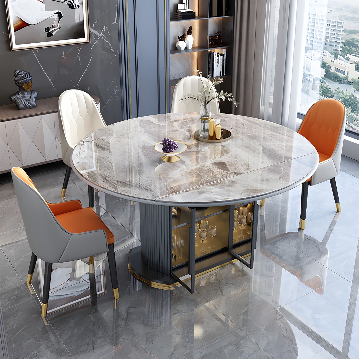Modern Style Stone Furniture 1/5/7/9/11 Pcs Round Shape Dinette Table with Dining Chair thumbnail 1