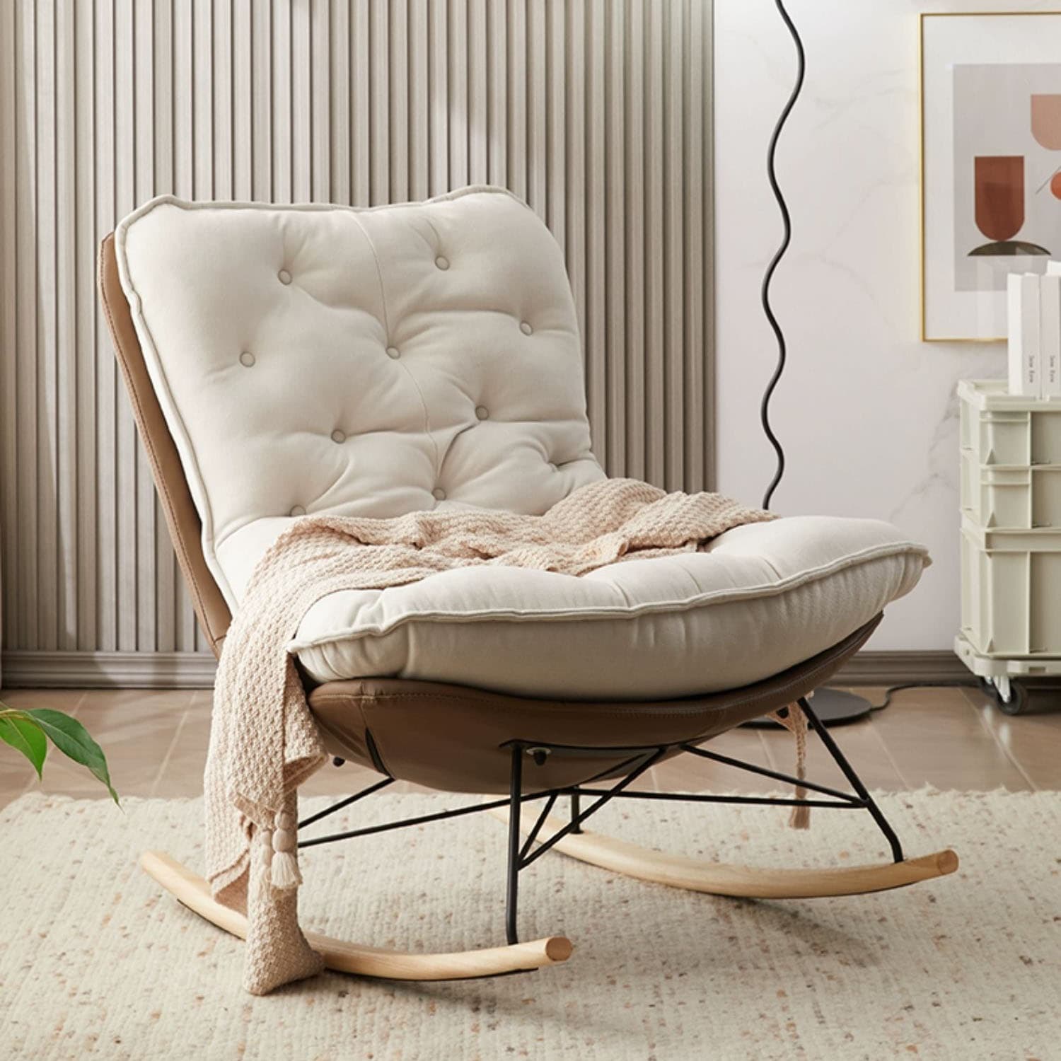 Modish Sand Ash Upholstered Rocking Accent Chair with Spindle Back and Stain Resistant thumbnail 15