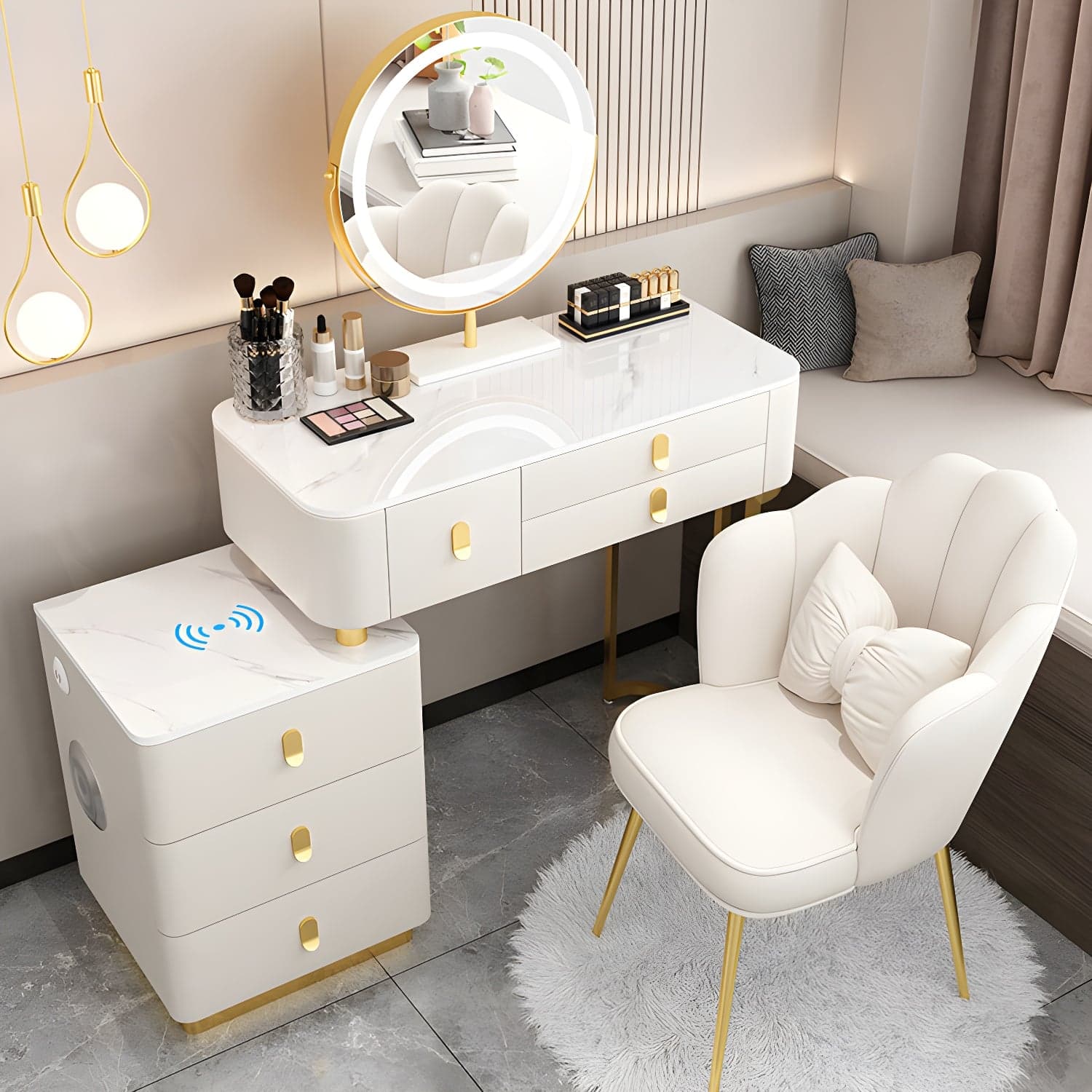 Glass Top Makeup Vanity Desk Lighted Mirror Makeup Vanity Set thumbnail 4