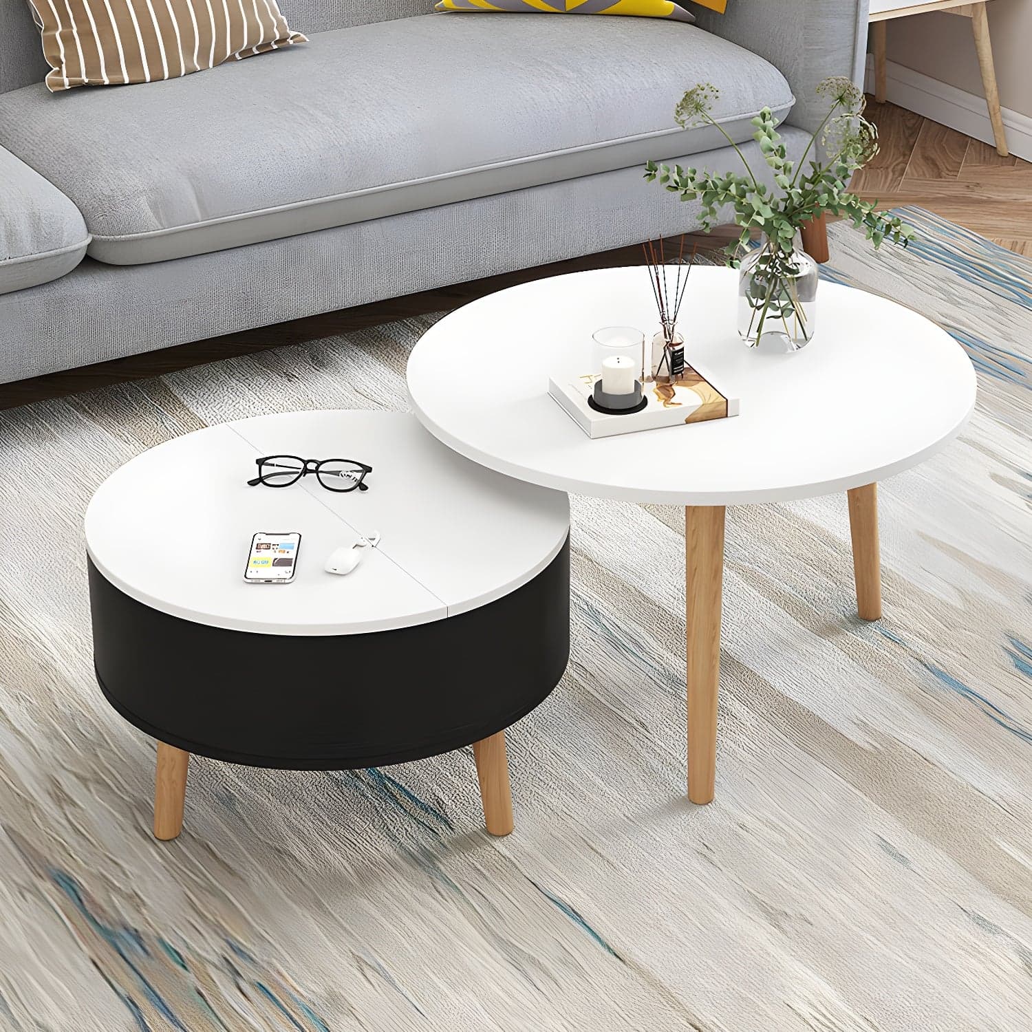 Round Solid Wood 3 Legs Coffee Table with Storage Drawers Modern Cocktail Table thumbnail 10