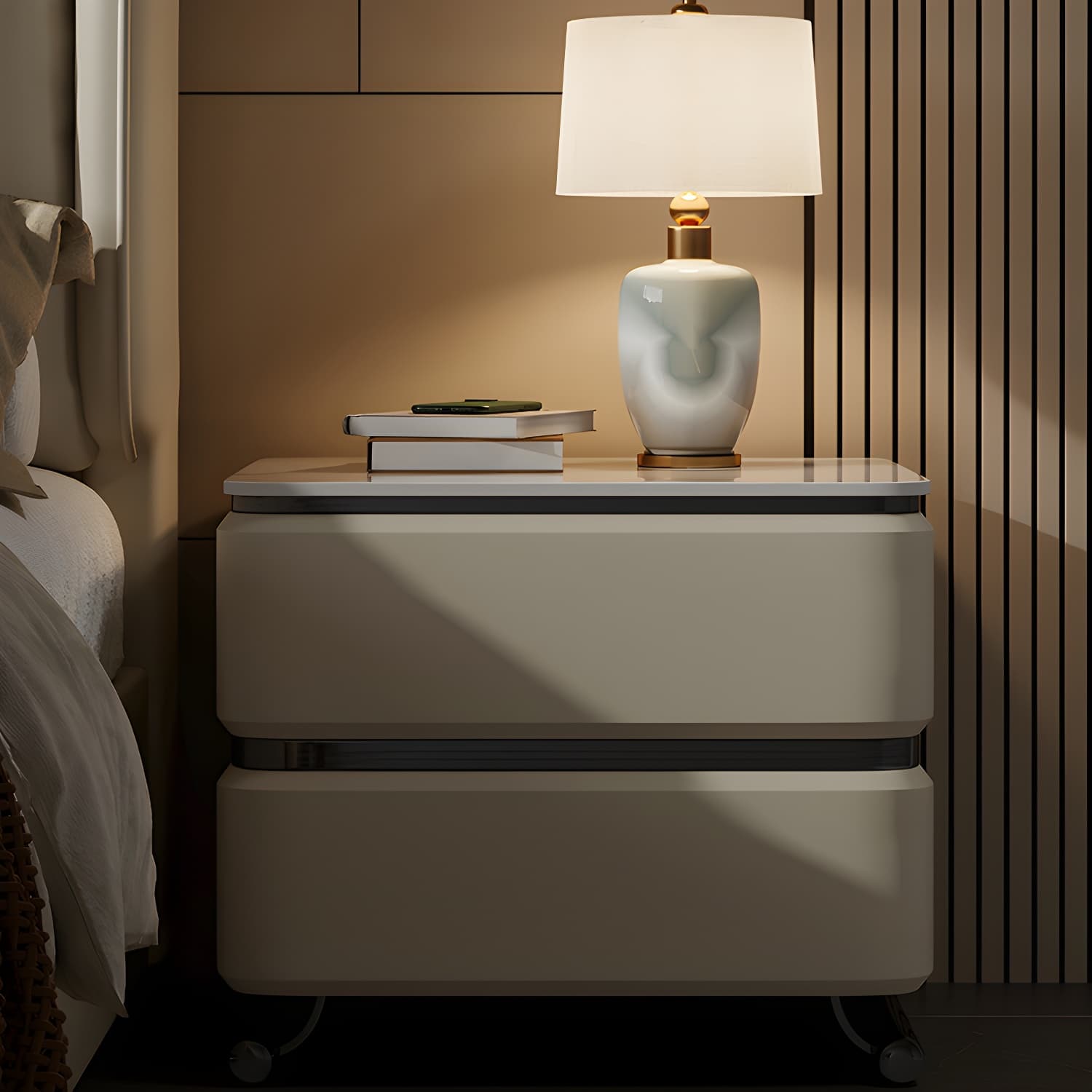Small Modern Faux Leather Nightstand with Drawer Storage in Stone Finish thumbnail 13