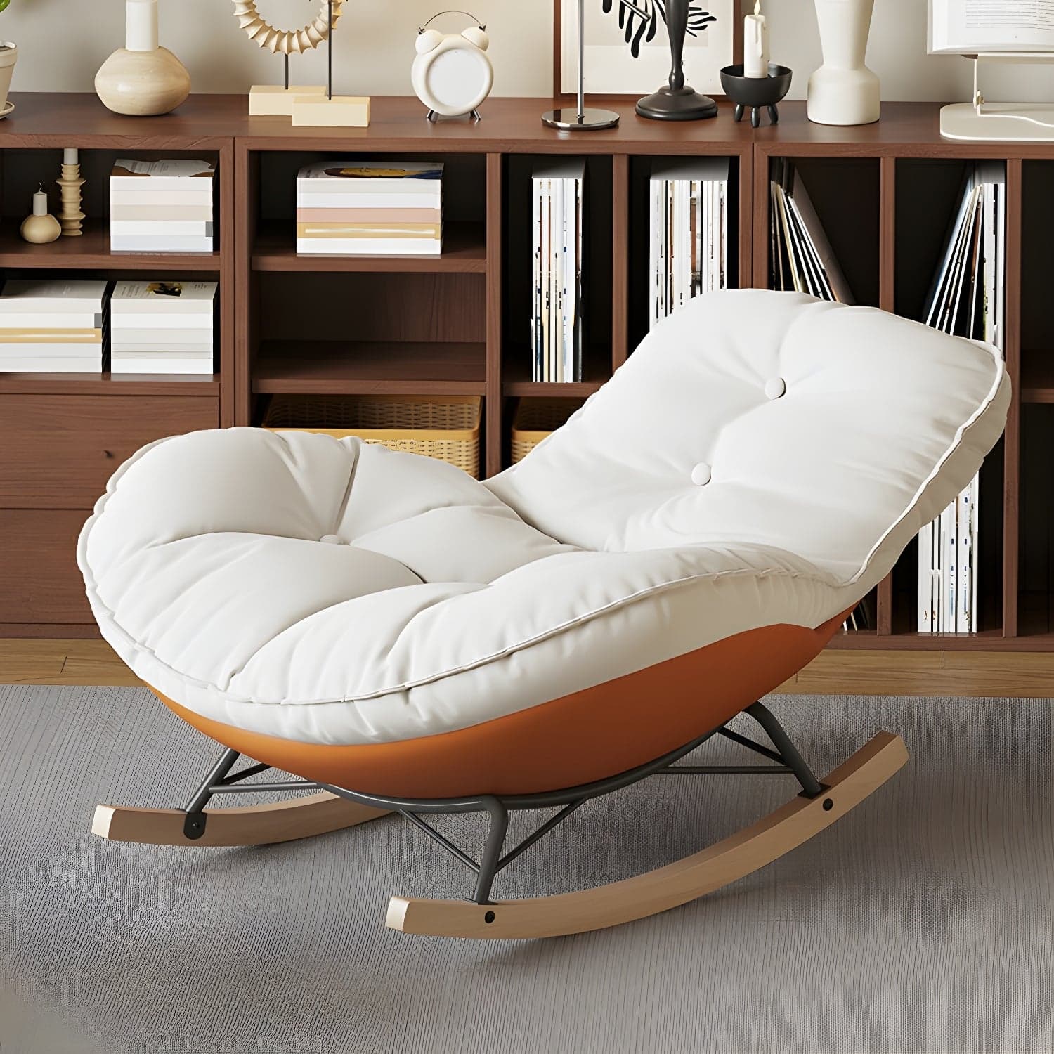 Contemporary Upholstered Rocking Chair with White Tufted Flannel Cushion and Solid Wood Legs thumbnail 3