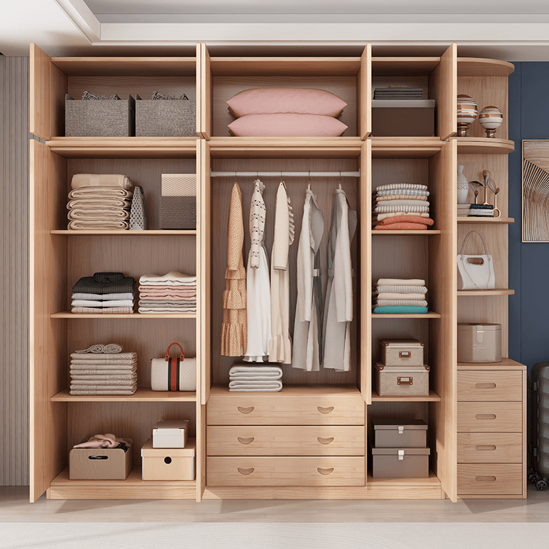 Modish Natural Color Reclaimed Wood Wardrobe Armoire with Soft Close Drawer, Soft Close Door
