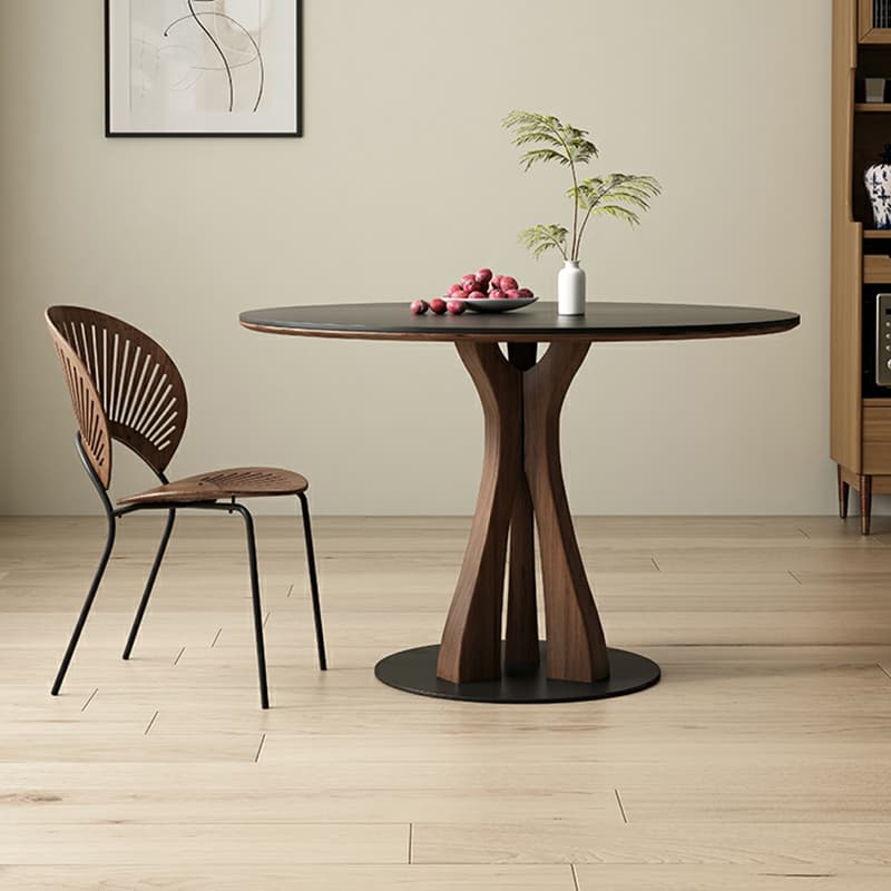 Round Modern Stone Top Dining Table with Solid Wood Pedestal Base thumbnail 3