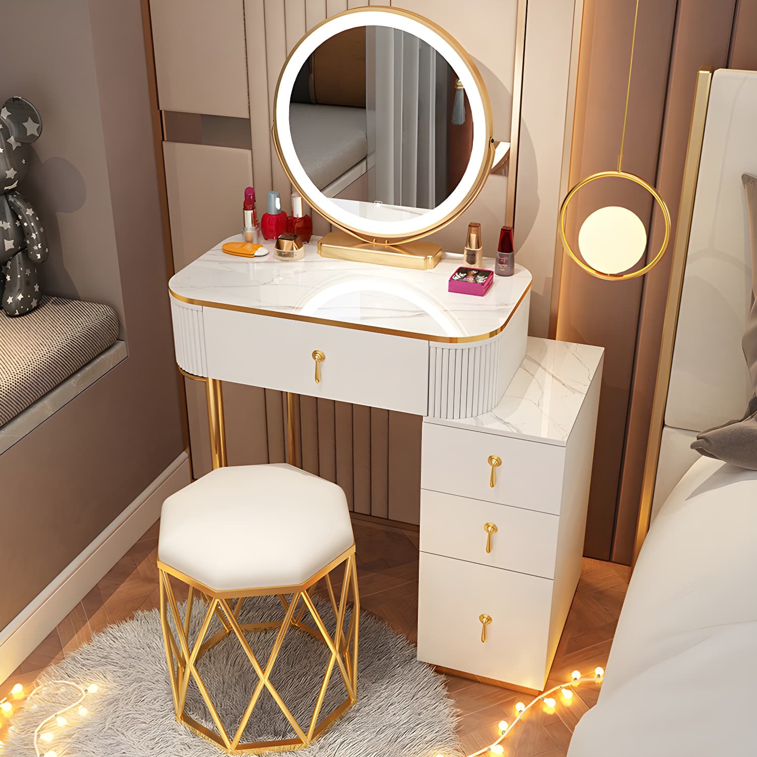 Removable Makeup Counter Bedroom Vanity Dressing Table with Lighted Mirror thumbnail 7