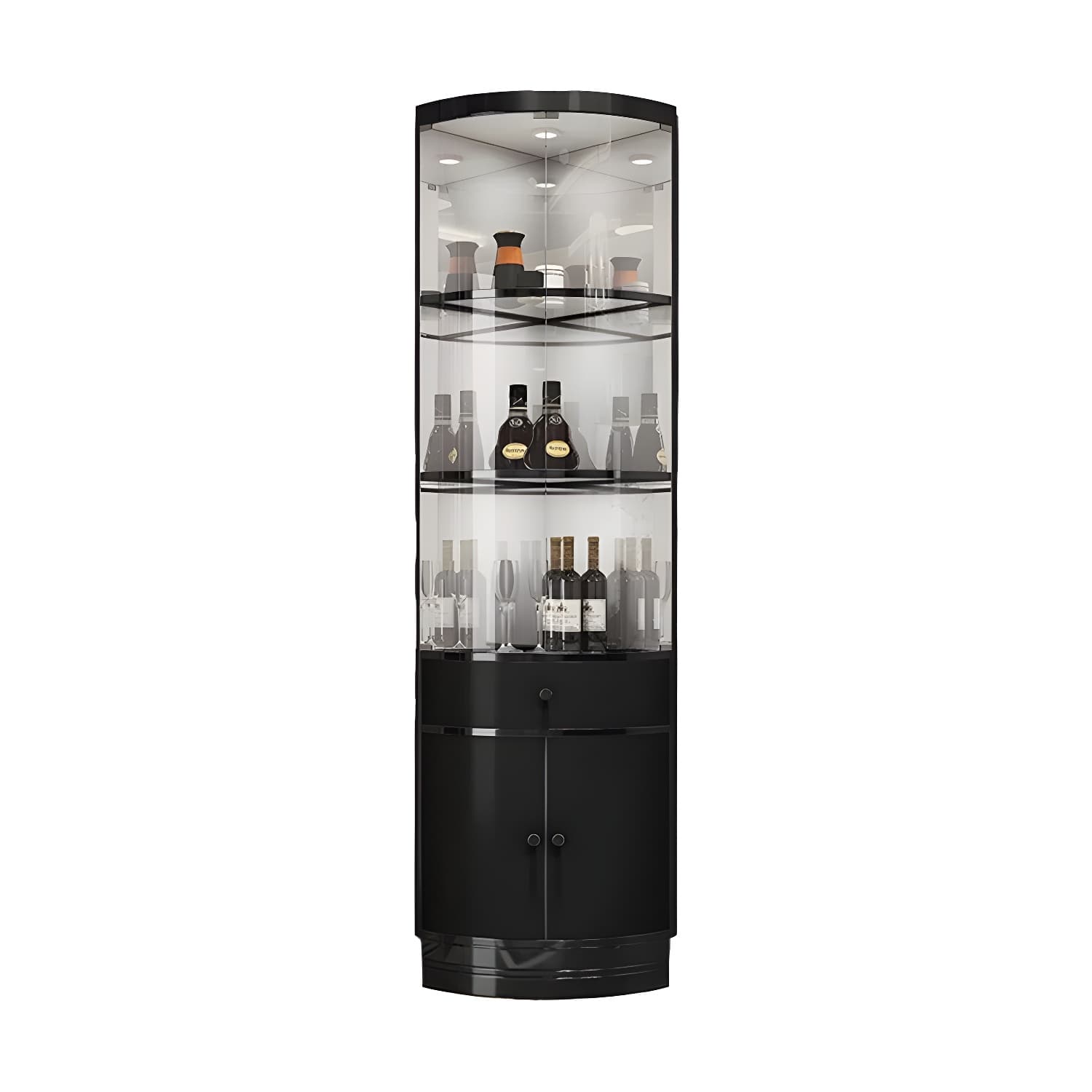 Corner Modern Accent Cabinet with Wood Counter Top, Glass Doors, and Metal Base thumbnail 9